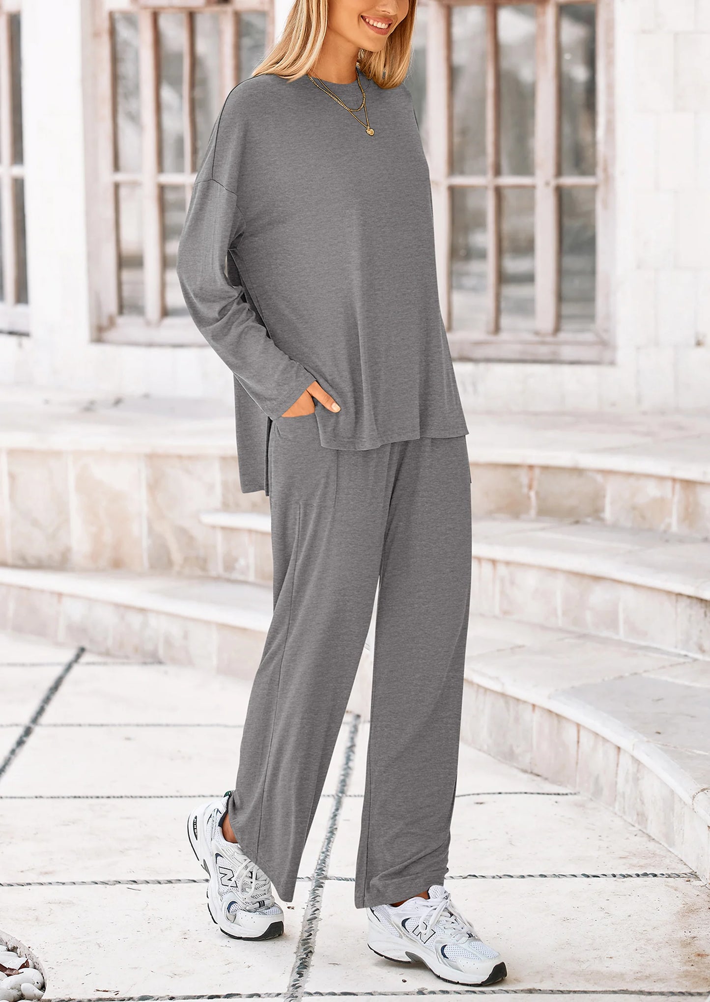 Women's 2 Piece Outfits Casual Short Sleeve Pullover Tops and Wide Leg Pants Lounge Sets Tracksuits