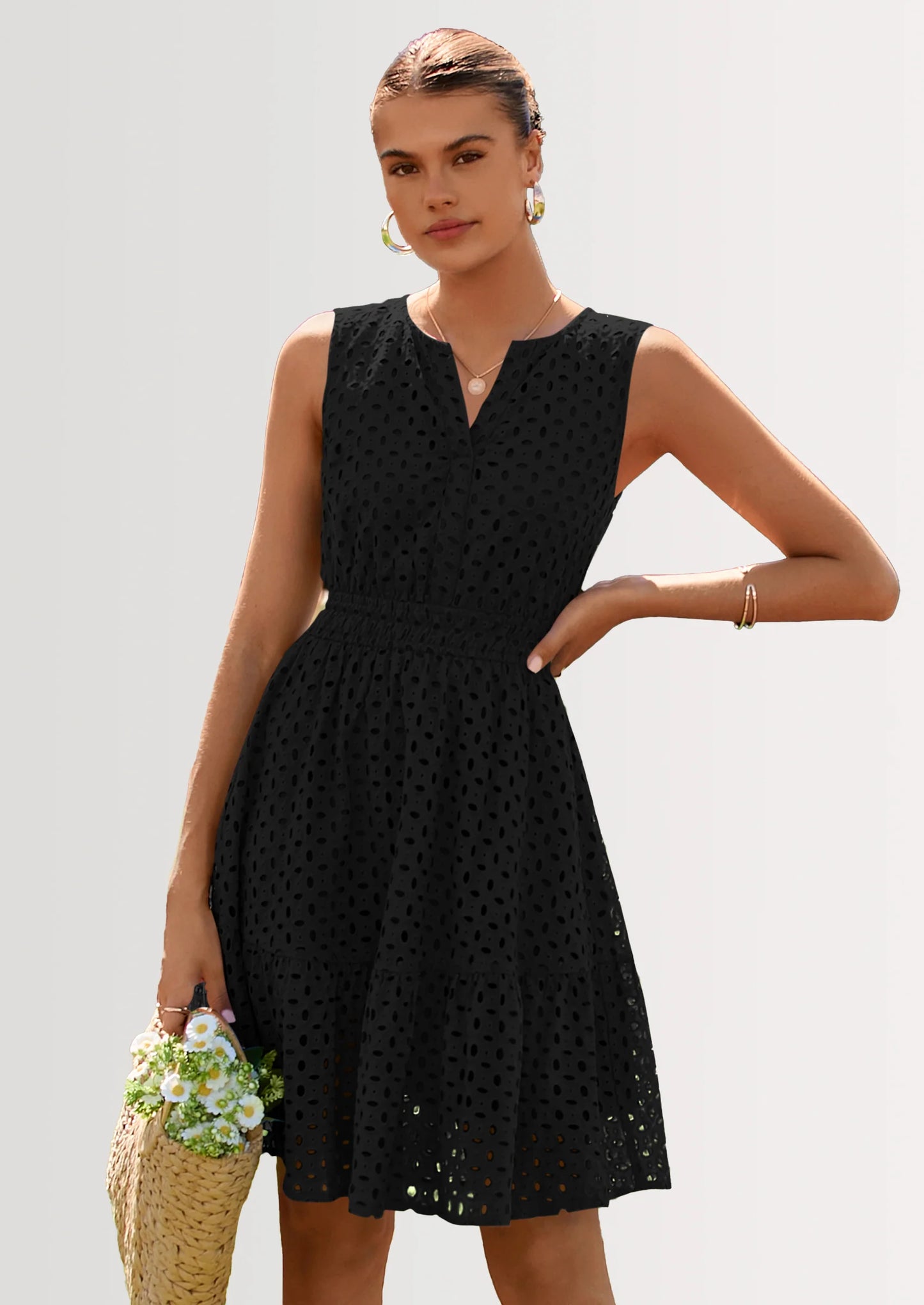 Women's Summer Dresses Sleeveless V Neck Eyelet Hollow Out Swing A Line Beach Vacation Sun Dress