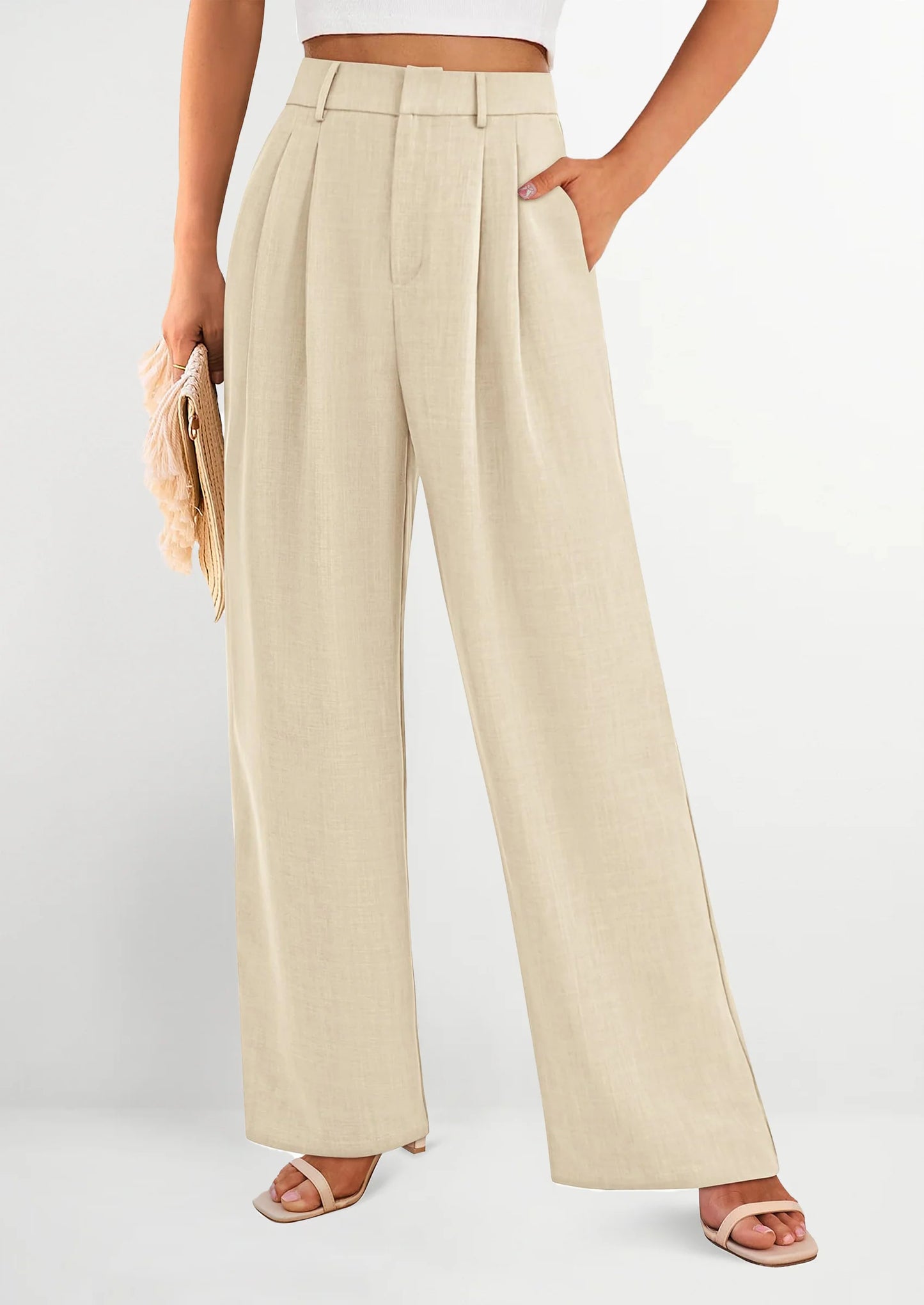 Women's Summer Elastic High Waisted Work Pants Straight Leg Dressy Business Casual Trousers Slacks Pockets