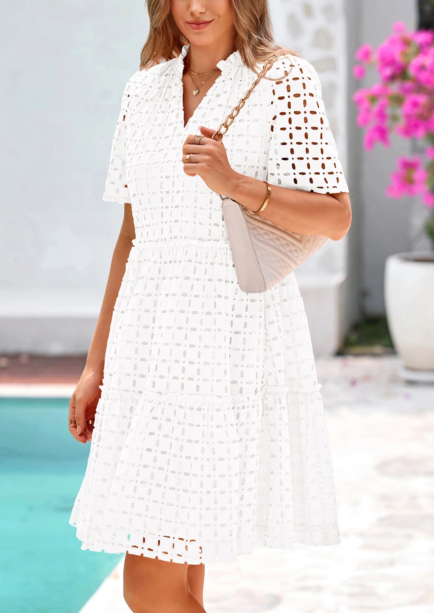 Women's Short Sleeve Mini Dress Summer V Neck Hollow Out Eyelet Ruffle A Line Swing Short Dresses