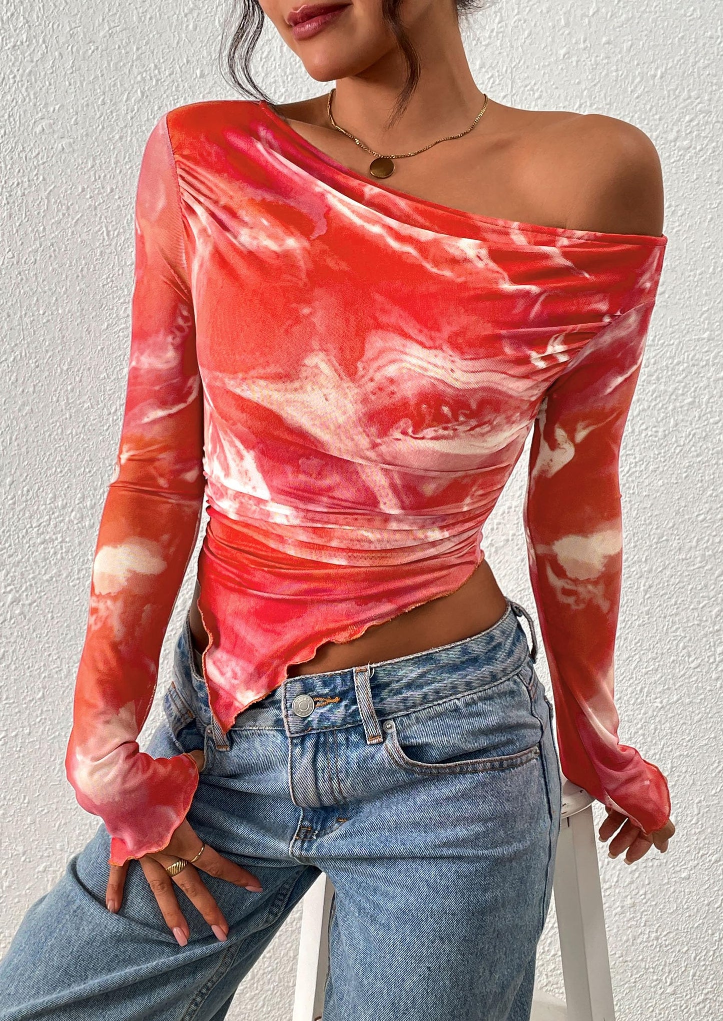 Womens Fall Trendy Off Shoulder Tops Tie Dye Mesh Long Sleeve Shirts Asymmetrical Ruched Floral Blouse