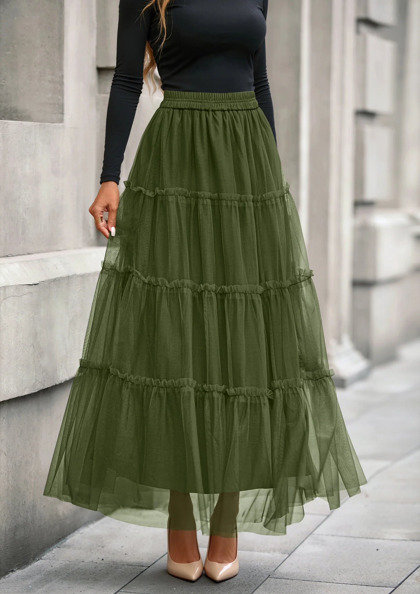 Maxi Skirts for Women Fall Tulle High Waisted Ruffle Flowy A-Line Long Skirt Country Concert Outfits
