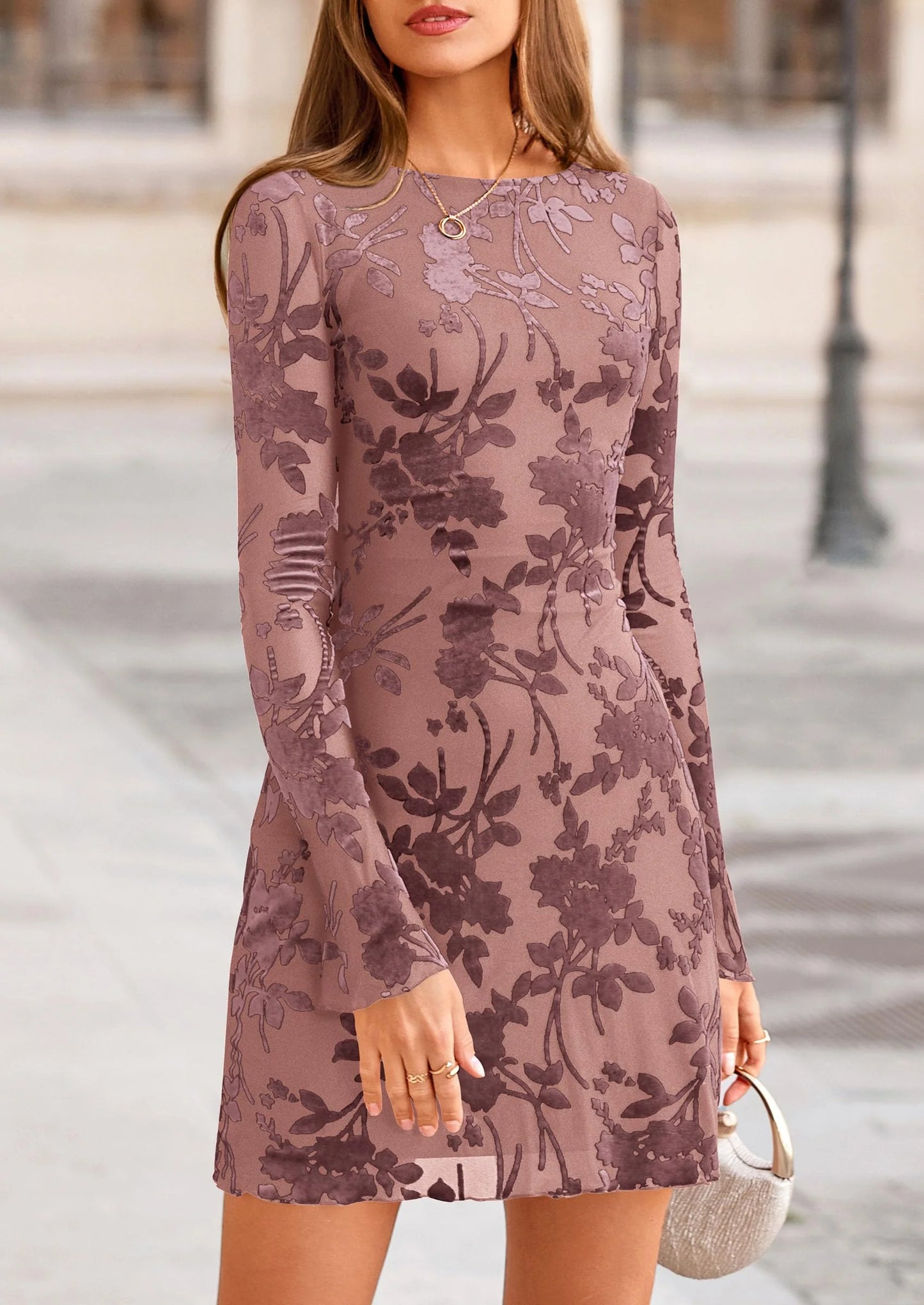 Women's Fall Fashion Floral Long Sleeve Mini Dress Mesh Bodycon Short Party Date Night Going Out Dresses