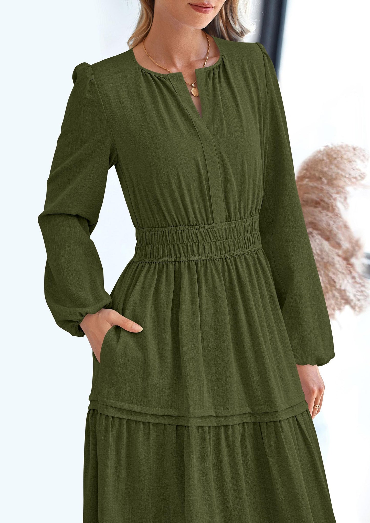 Women's Elegant Maxi Dresses Long Sleeve V Neck Flowy Pockets Casual Modest Dress Fall Fashion Clothes