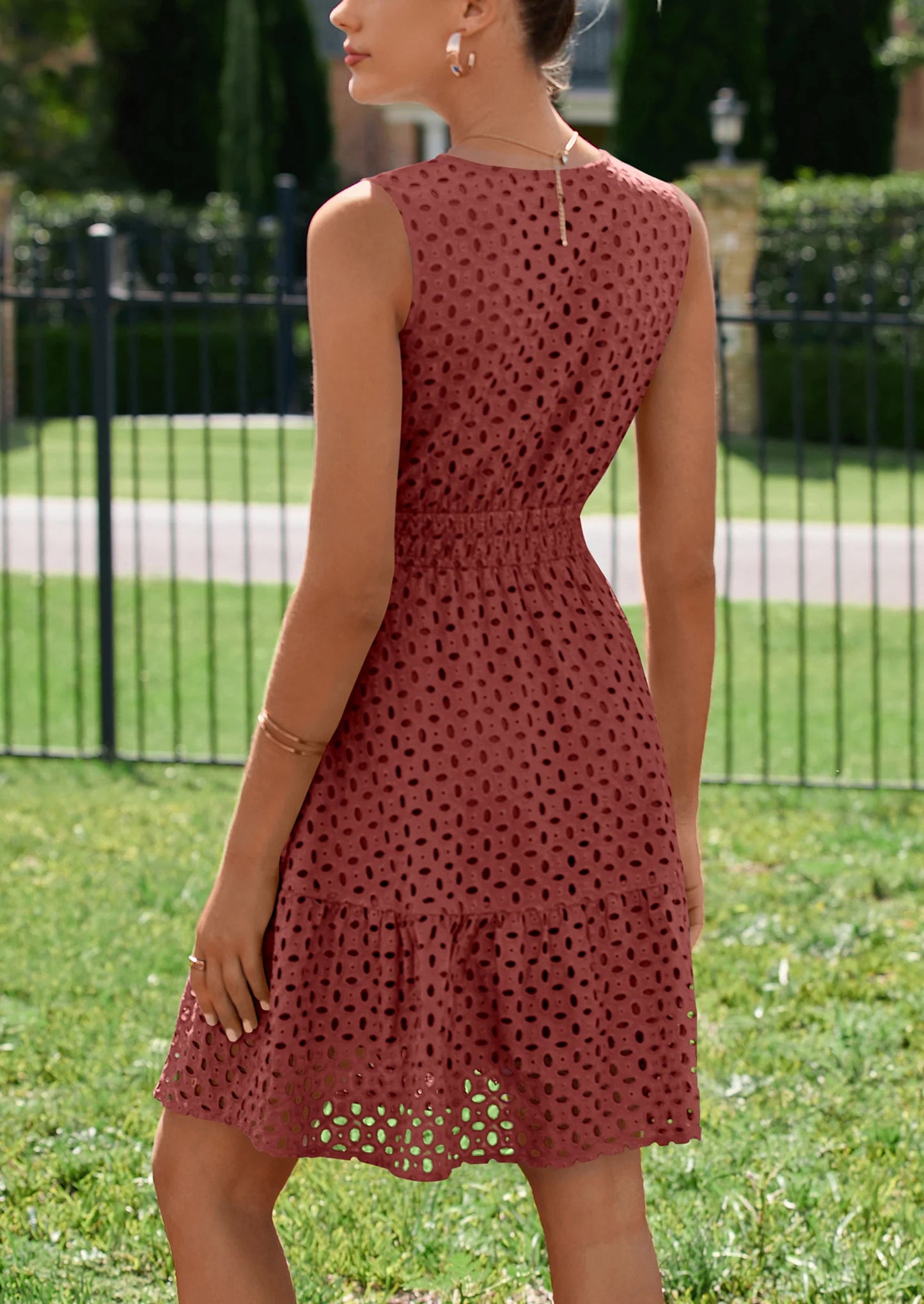 Women's Summer Dresses Sleeveless V Neck Eyelet Hollow Out Swing A Line Beach Vacation Sun Dress