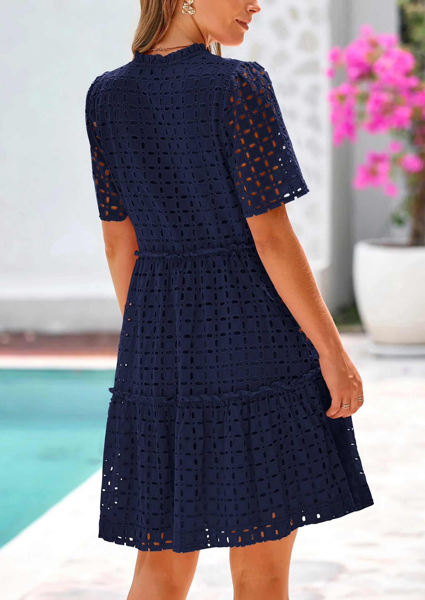 Women's Short Sleeve Mini Dress Summer V Neck Hollow Out Eyelet Ruffle A Line Swing Short Dresses