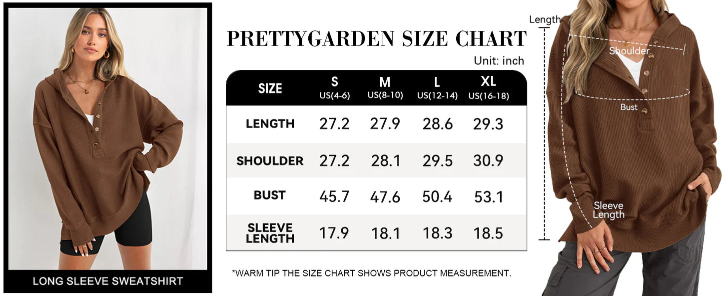 Womens Fashion Oversized Long Sleeve Hoodie Button Down V Neck Sweatshirt Side Slit Casual Pullover Tops