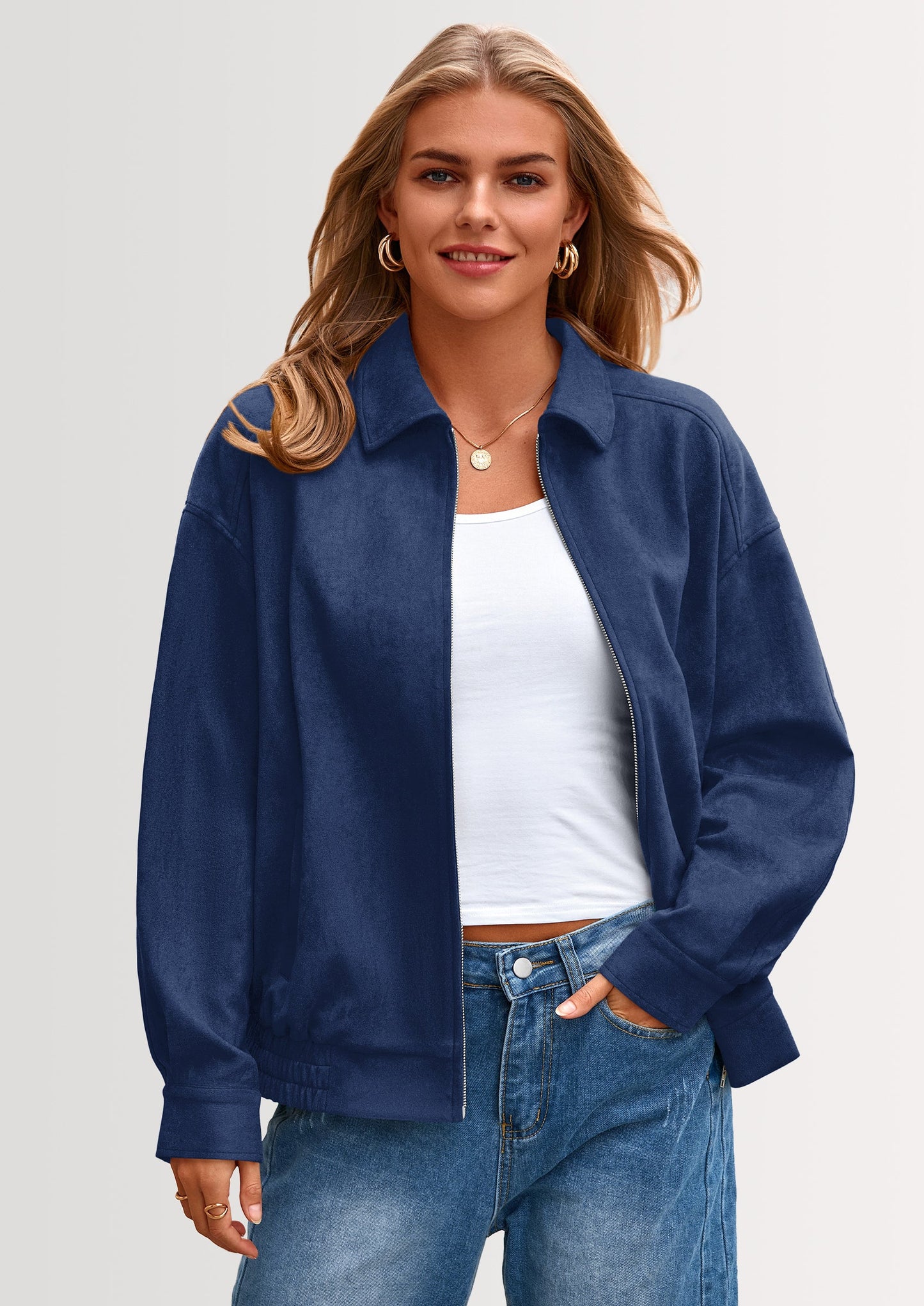 Women's Faux Suede Motorcycle Jacket Trendy Fall Fashion Oversized Zip Up Coats Winter Clothes Outerwear
