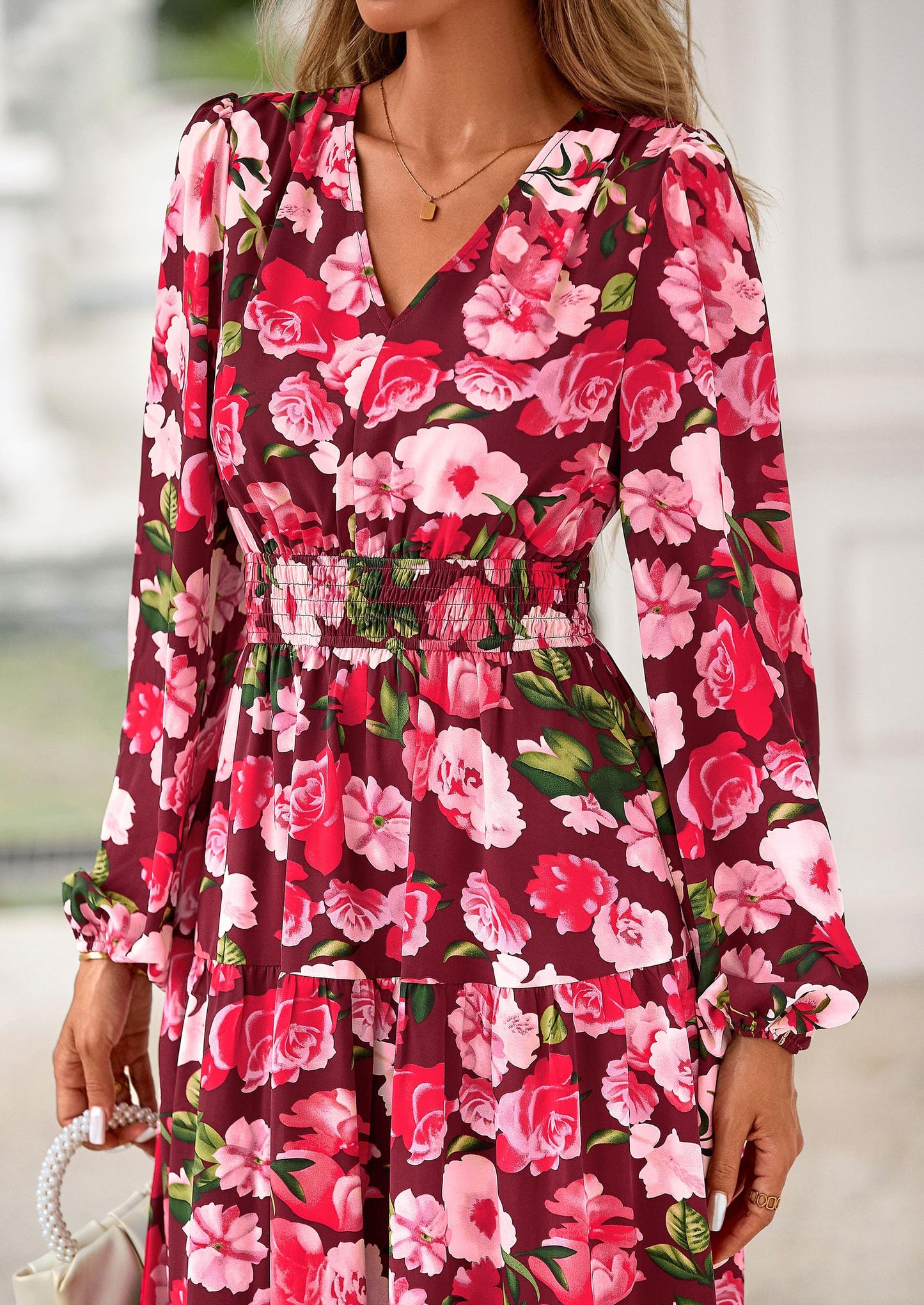 Long Sleeve Maxi Fall Dresses for Women Vneck Smocked Boho Floral Tiered Swing Flowy Wedding Guest Dress
