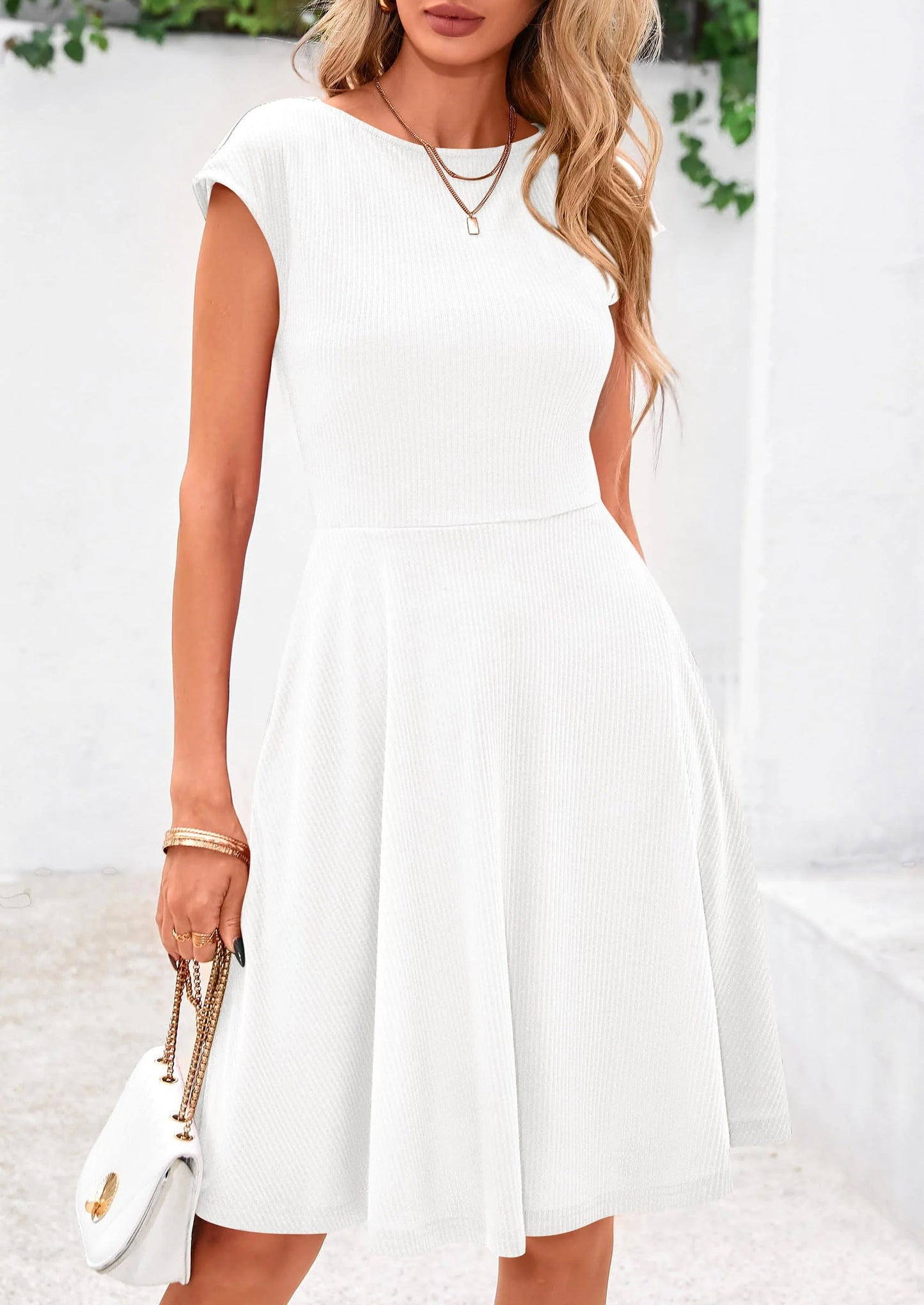 Womens Short Summer Dress Crewneck Cap Sleeve Ribbed Knit Casual Flowy A Line Mini Sundresses with Pockets