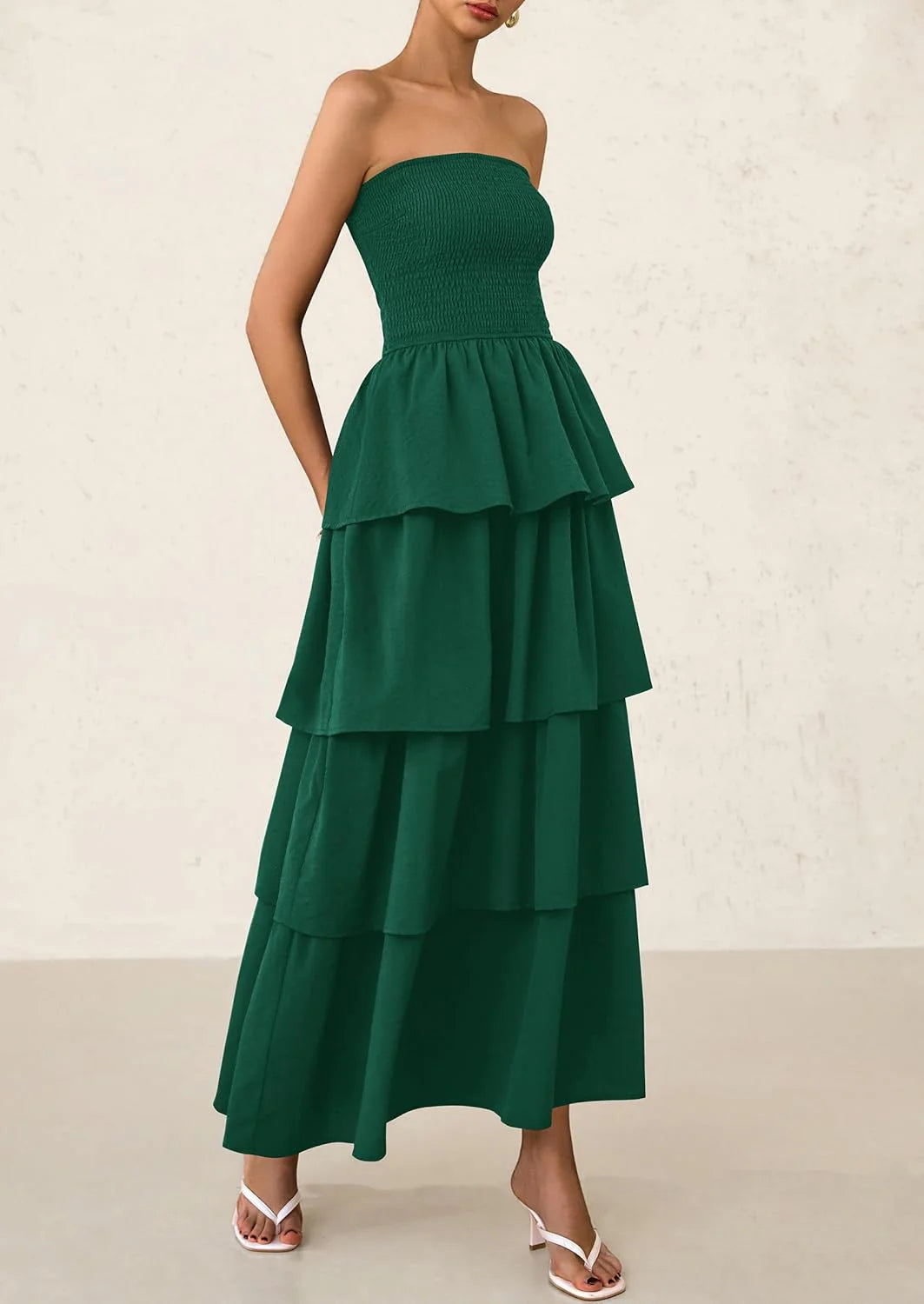 Maxi Dresses for Women Off Shoulder Smocked Tiered Ruffle Long Flowy Wedding Guest Dress
