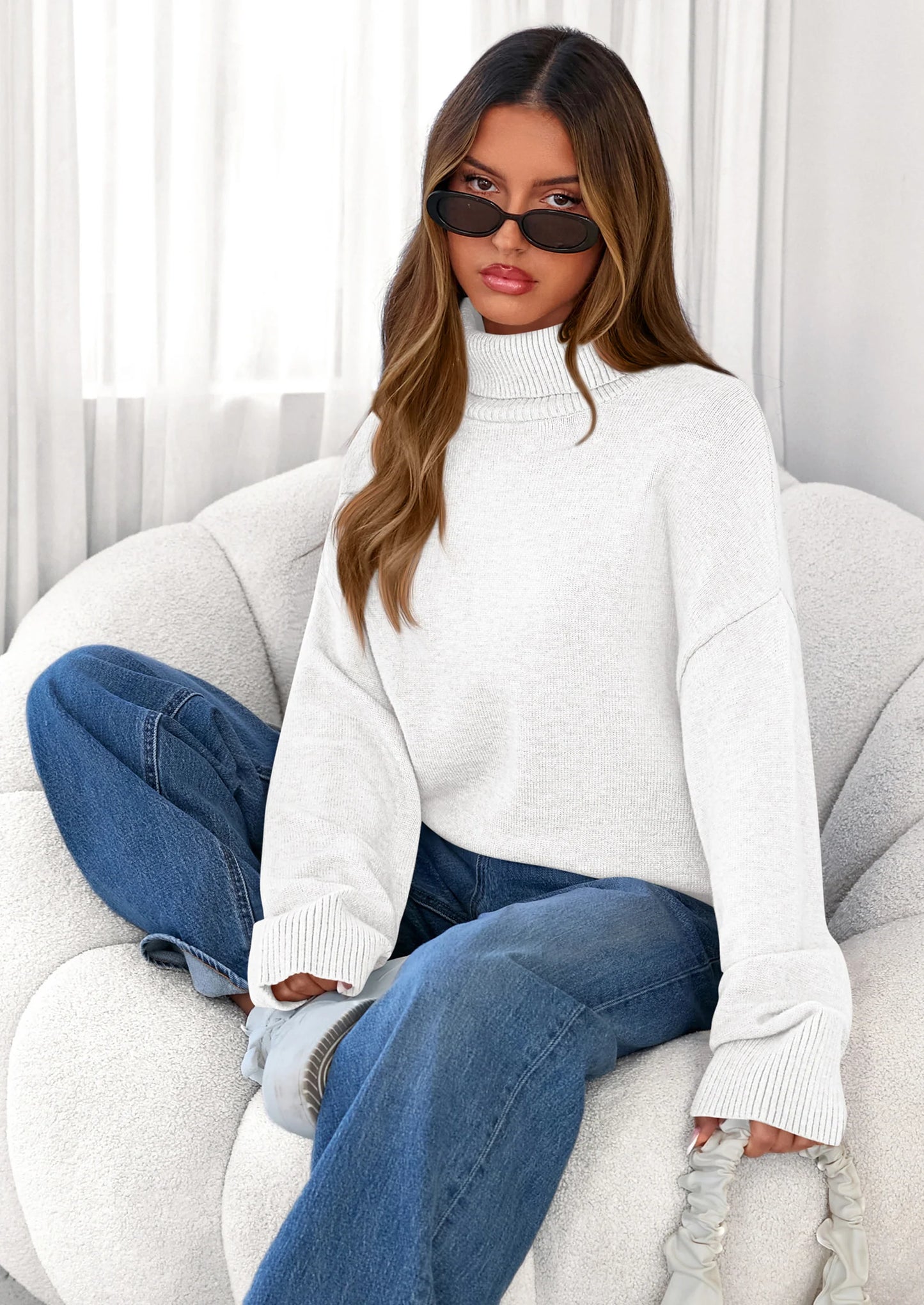 Womens Turtleneck Long Sleeve Sweater Fall Trendy Loose Fit Casual Tops Chunky Knit Pullover Sweaters