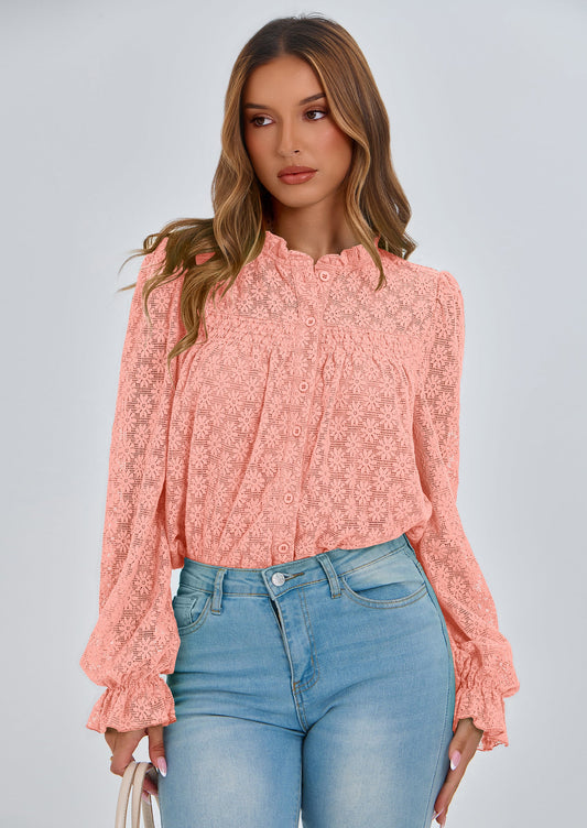 Lace Long Sleeve Tops for Women Eyelet Blouses Dressy Casual Hollow Out Button Down Shirts Summer Outfits