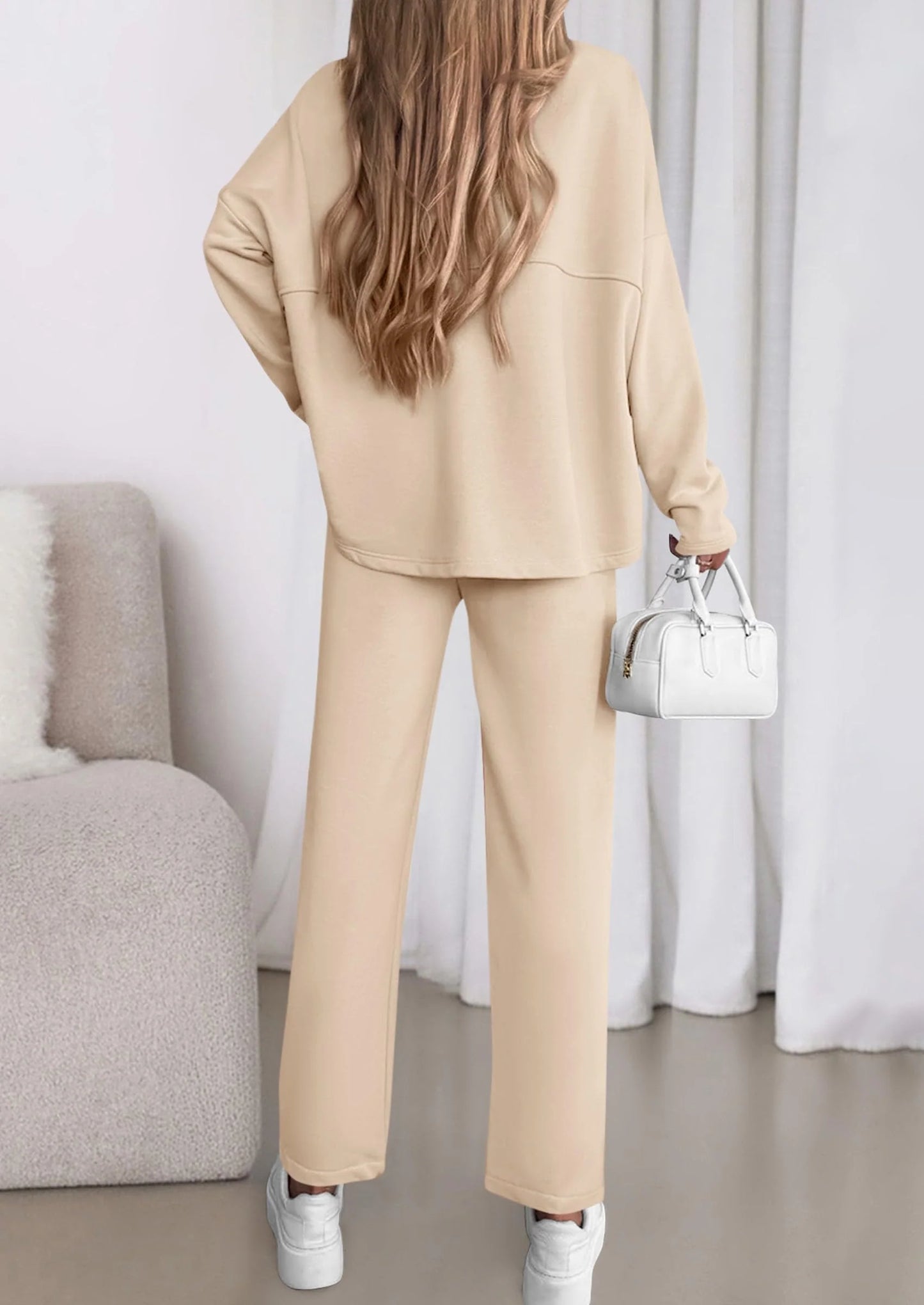 Womens 2 Piece Matching Lounge Sets Fall Long Sleeve Boatneck Sweatsuit Drawstring Sweatpants Pockets