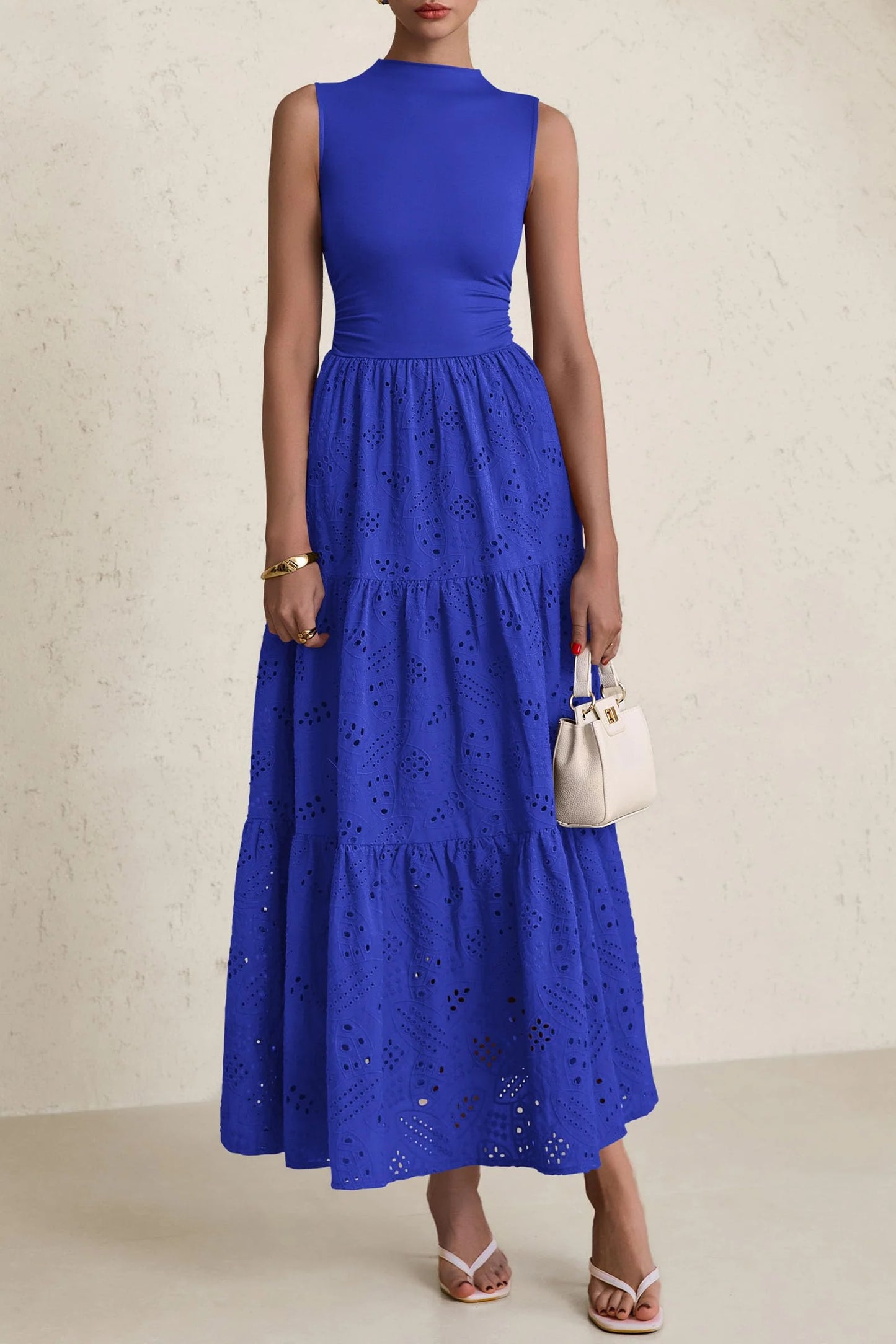 Dresses for Women Casual Eyelet Sleeveless Wedding Guest Maxi Dress Tank Top Sundress with Pockets