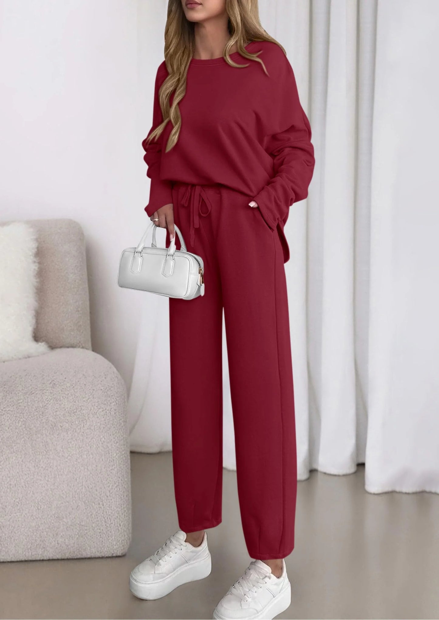 Womens 2 Piece Matching Lounge Sets Fall Long Sleeve Boatneck Sweatsuit Drawstring Sweatpants Pockets