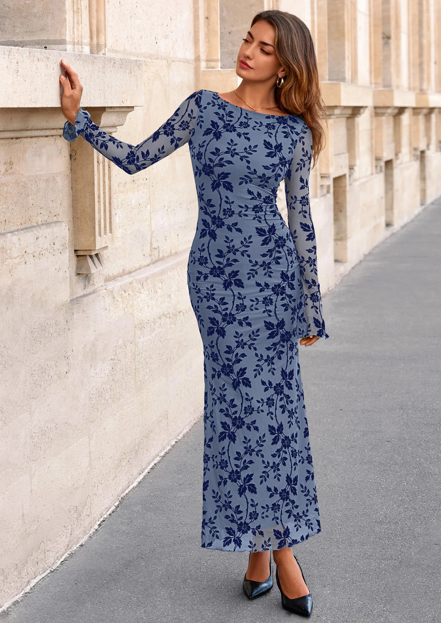 Women's Floral Bodycon Maxi Dress Fall Elegant Mesh Long Sleeve Formal Wedding Guest Cocktail Dresses