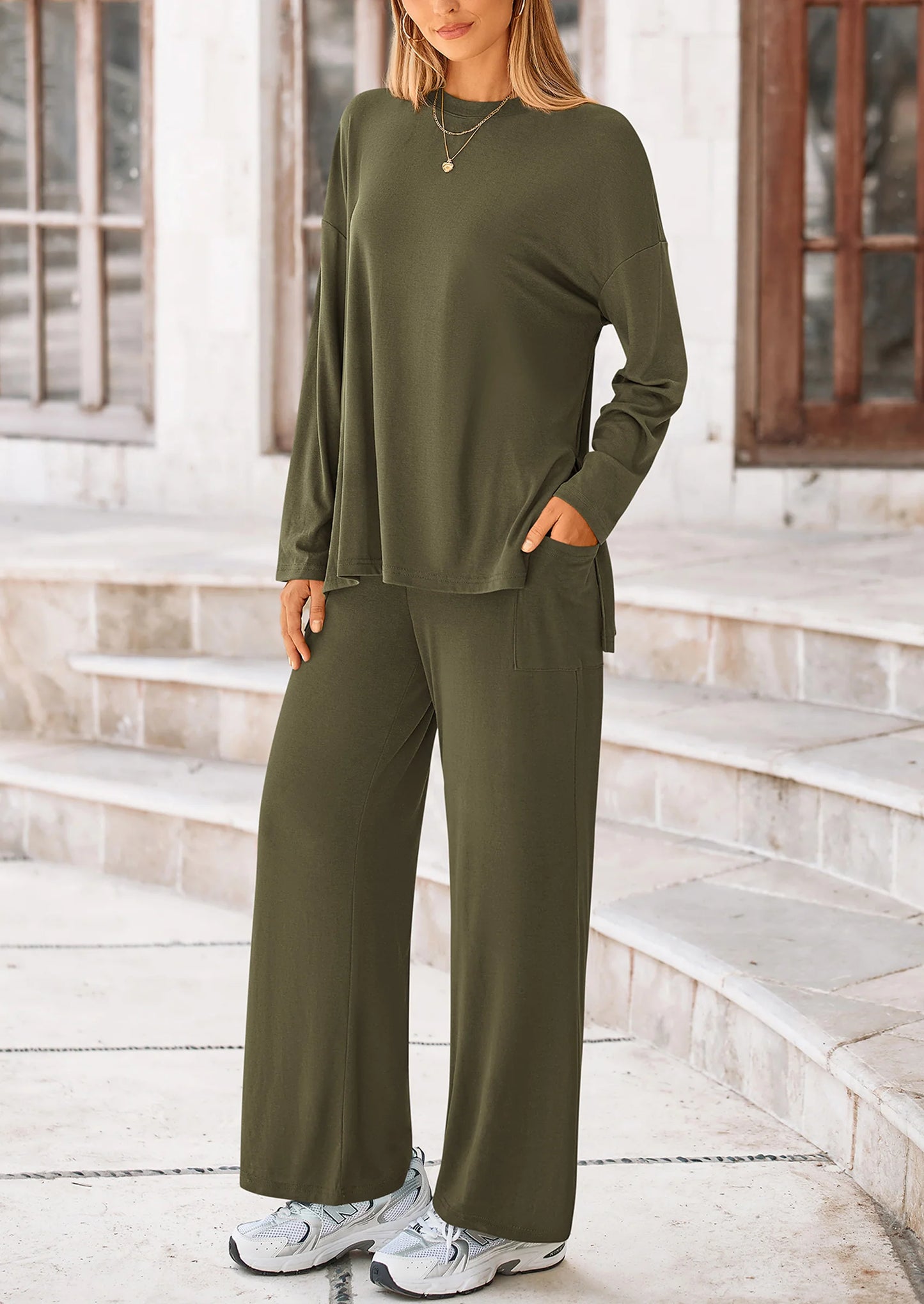 Women's 2 Piece Outfits Casual Short Sleeve Pullover Tops and Wide Leg Pants Lounge Sets Tracksuits