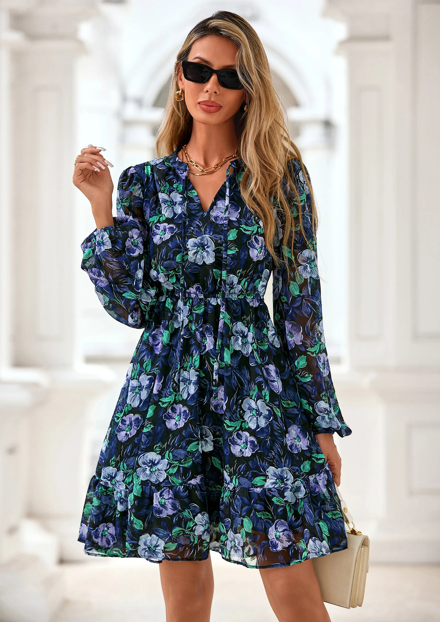 Women's Fall Boho Dresses Floral Long Sleeve V Neck Mini Flowy Wedding Guest Dress Trendy Vacation Outfits