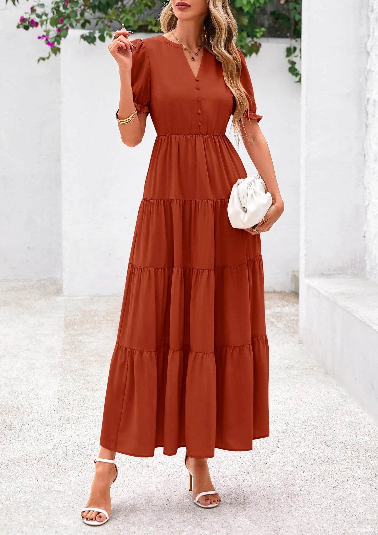 Women's Casual Short Sleeve V Neck Midi Dresses Spring A-line Tiered Wedding Guest Dress