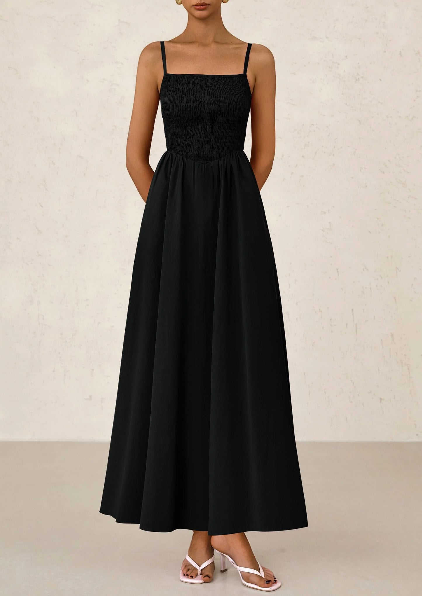 Women's Smocked Maxi Dresses Beach Sundress Casual Spaghetti Strap Swing A Line Long Flowy Dress