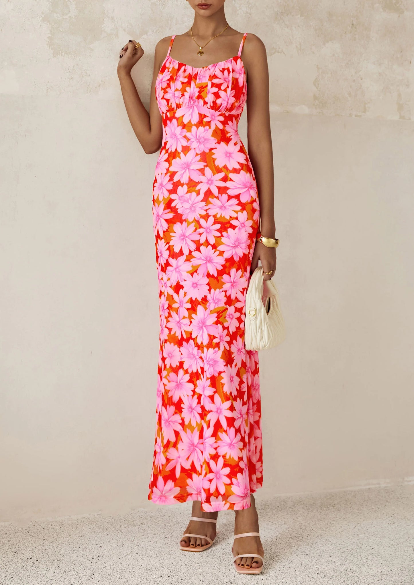 Women's Bodycon Maxi Dress Floral Sundress Sleeveless Spaghetti Strap Cocktail Party Dress
