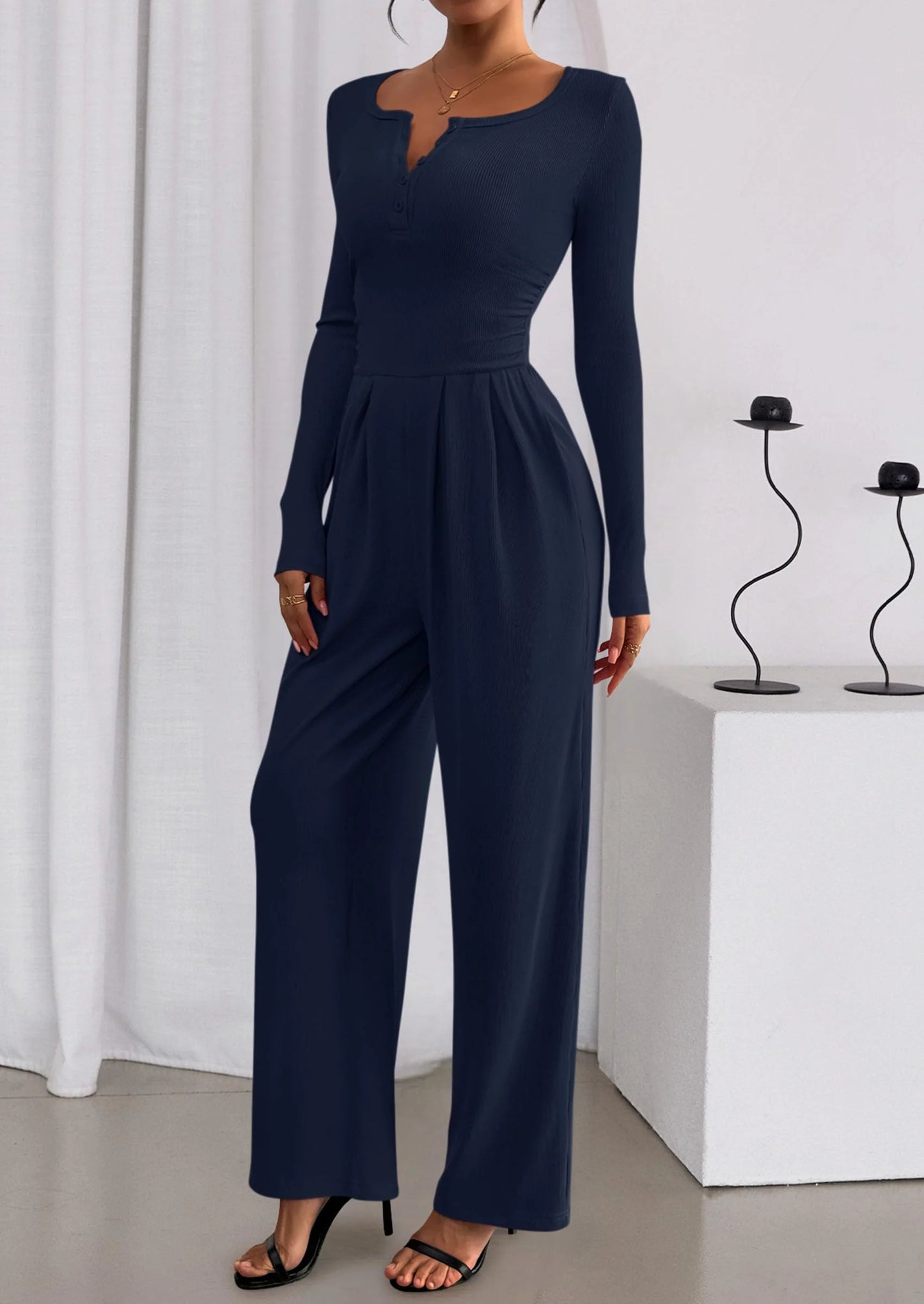 Jumpsuits for Women Dressy Casual Fall One Piece Outfits Long Sleeve Crew Neck Wide Leg Pants Rompers