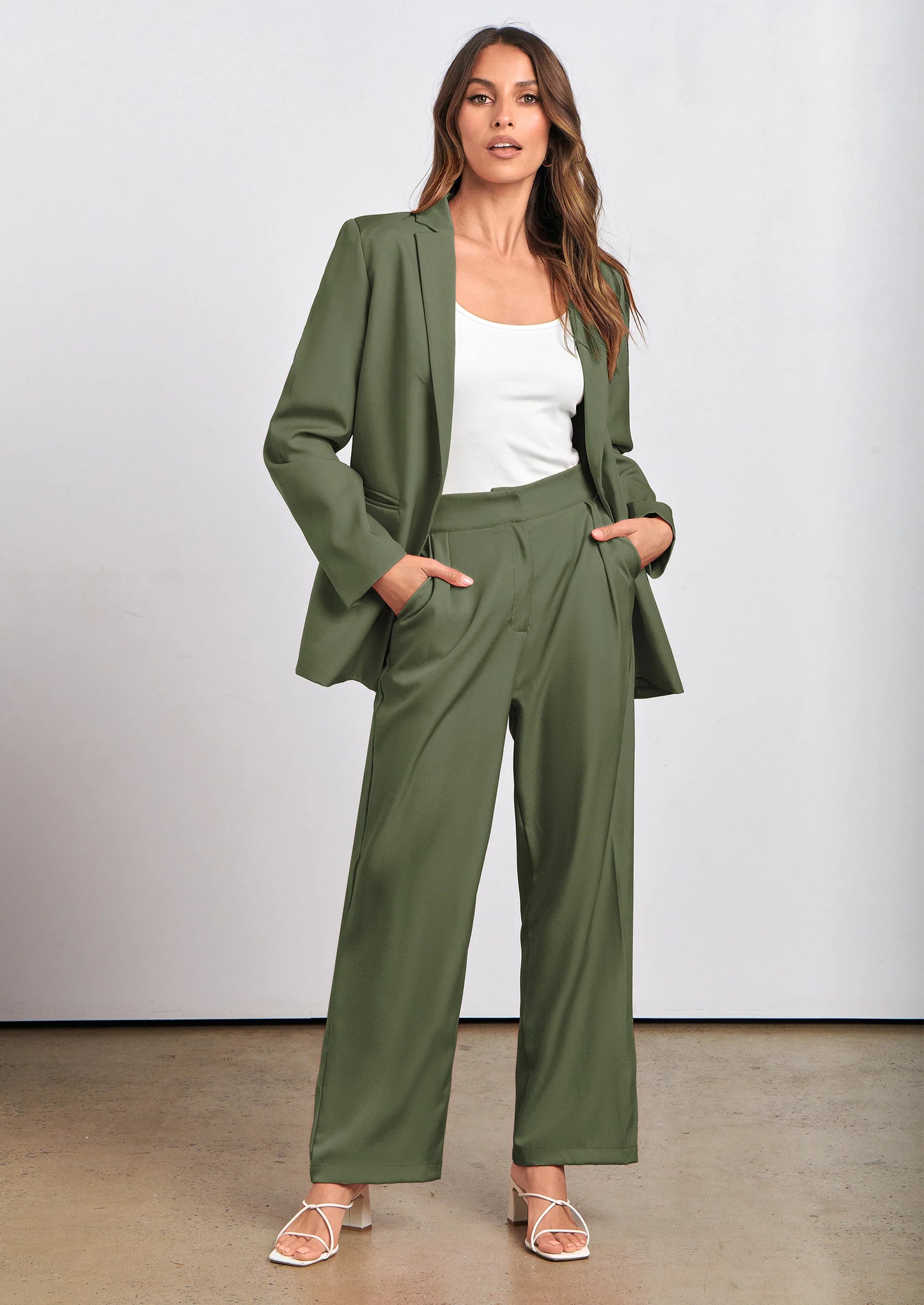 Women's Fall Two Piece Outfits Dressy Blazer Jacket and Wide Leg Pants Pockets Business Casual Office Suit Sets