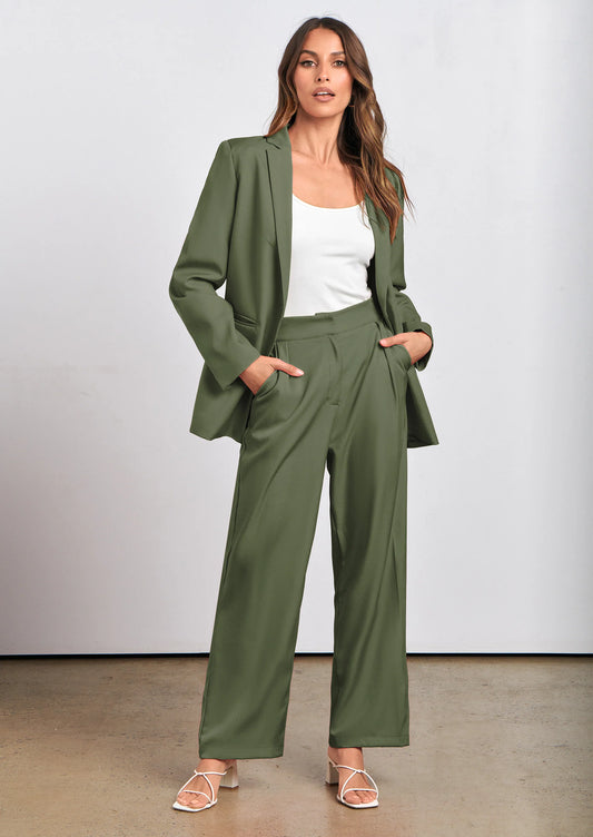 Women's Fall Two Piece Outfits Dressy Blazer Jacket and Wide Leg Pants Pockets Business Casual Office Suit Sets