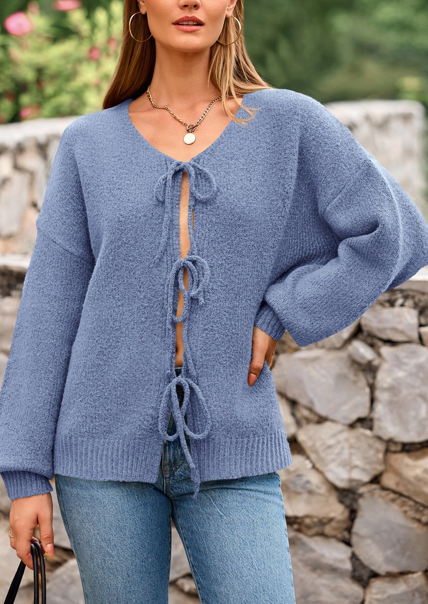Women's Tie Front Bow Cardigan Sweaters Chunky Knit Long Puff Sleeve Trendy Fall Winter Jacket Coats