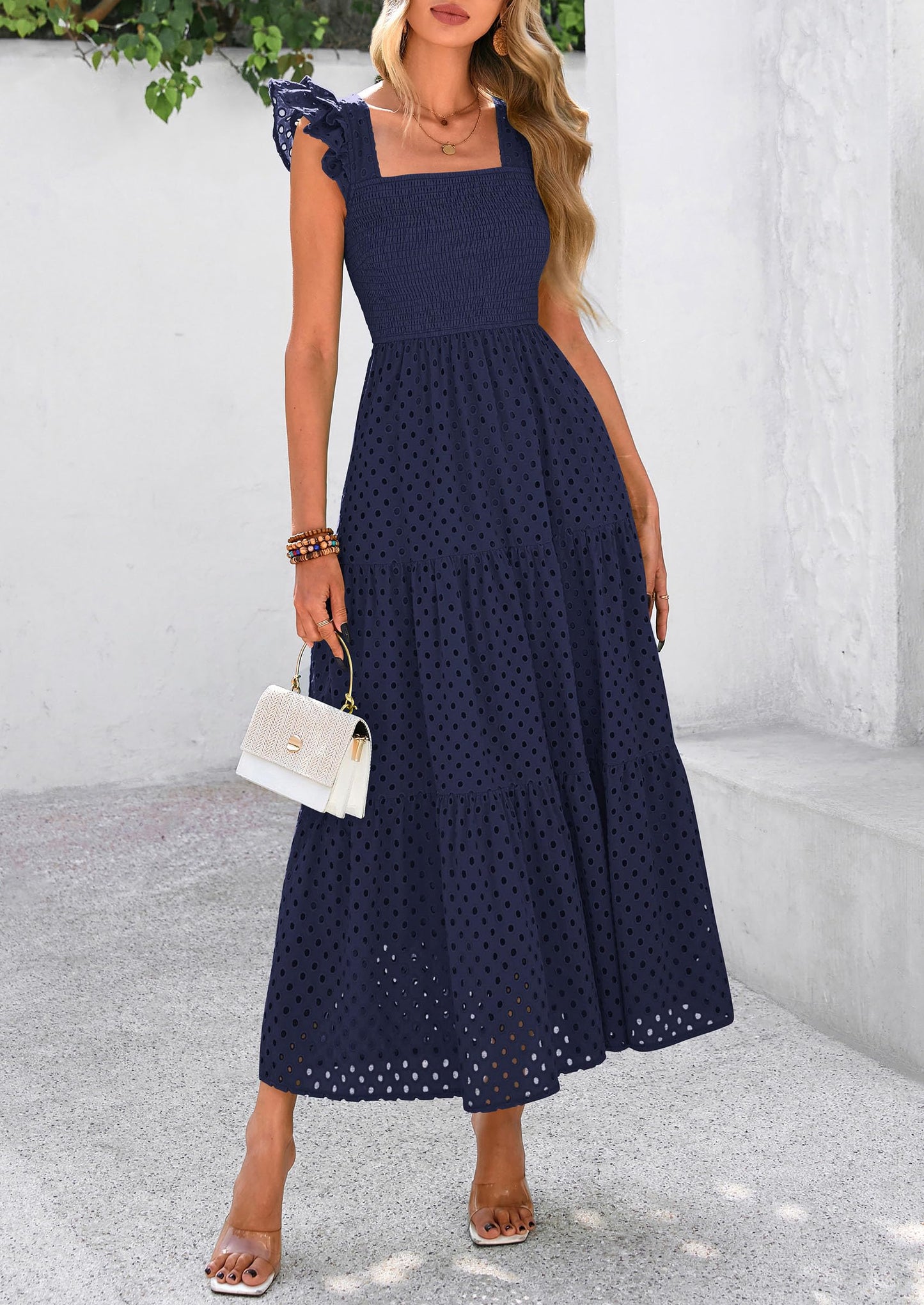 Womens Square Neck Maxi Dresses Cap Sleeve Eyelet Smocked Tiered A Line Flowy Long Dress with Pockets