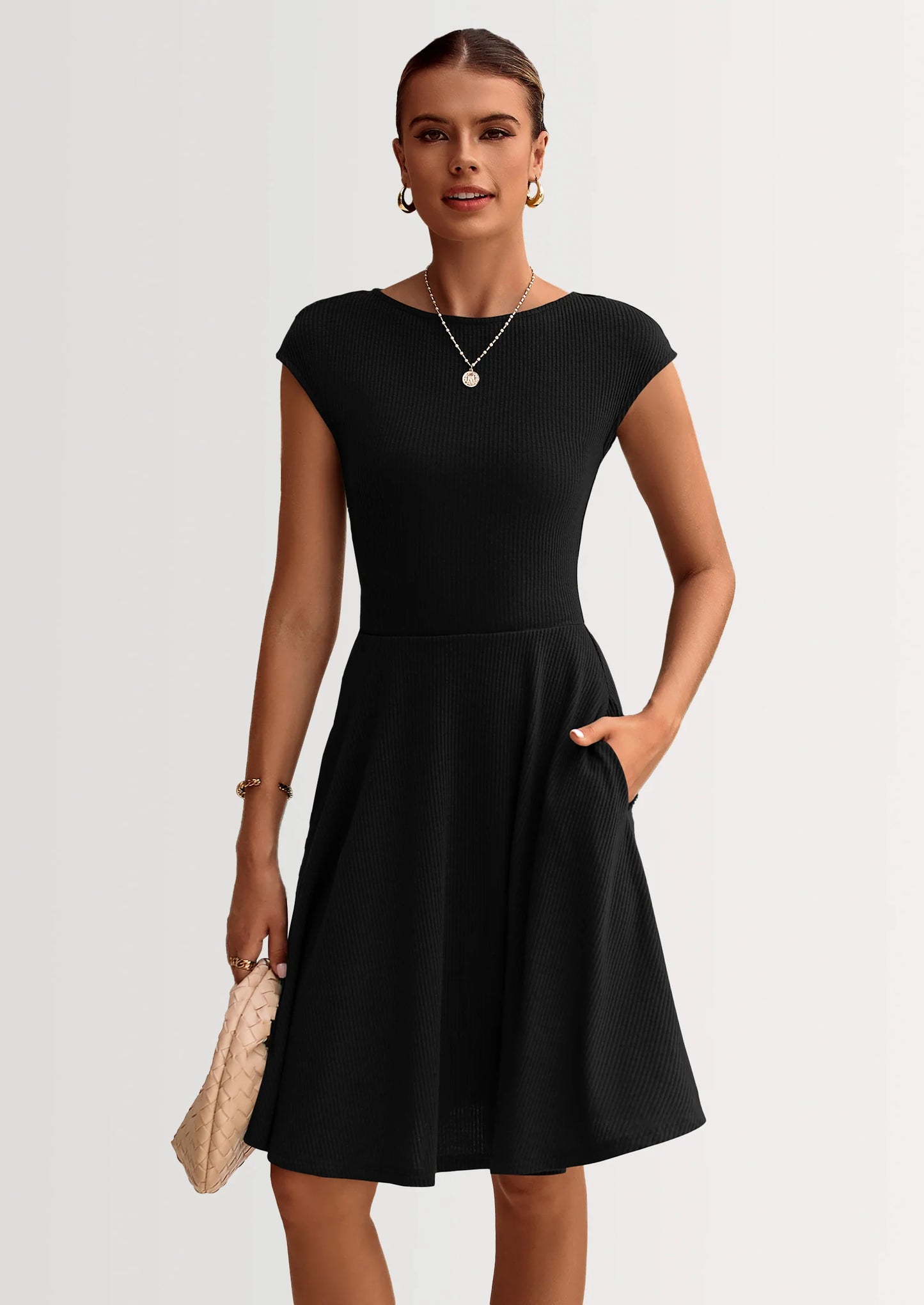 Womens Short Summer Dress Crewneck Cap Sleeve Ribbed Knit Casual Flowy A Line Mini Sundresses with Pockets
