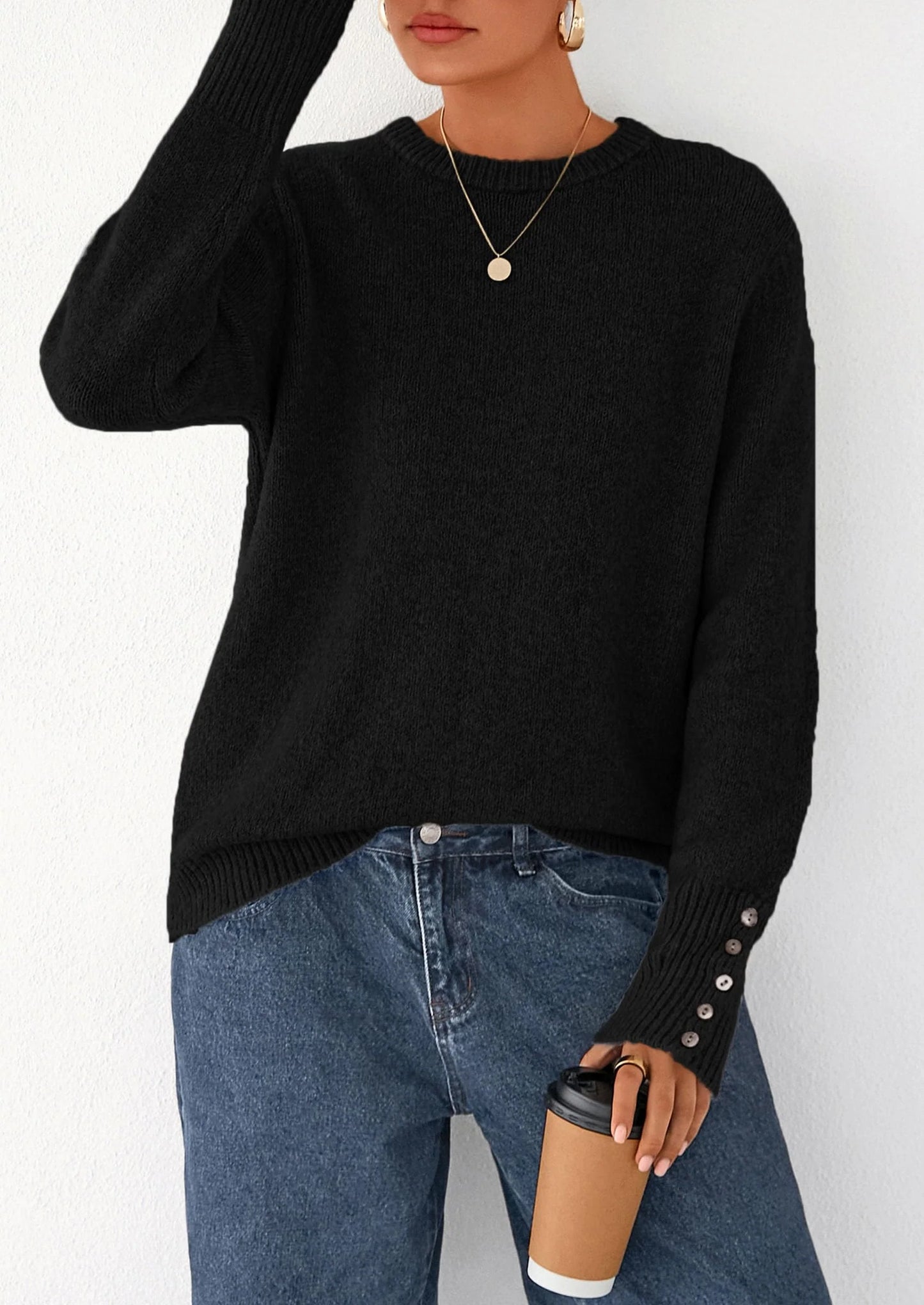 Womens Sweaters Fall Fashion Casual Crewneck Pullover Button Long Sleeve Cute Knit Tops Winter Clothes