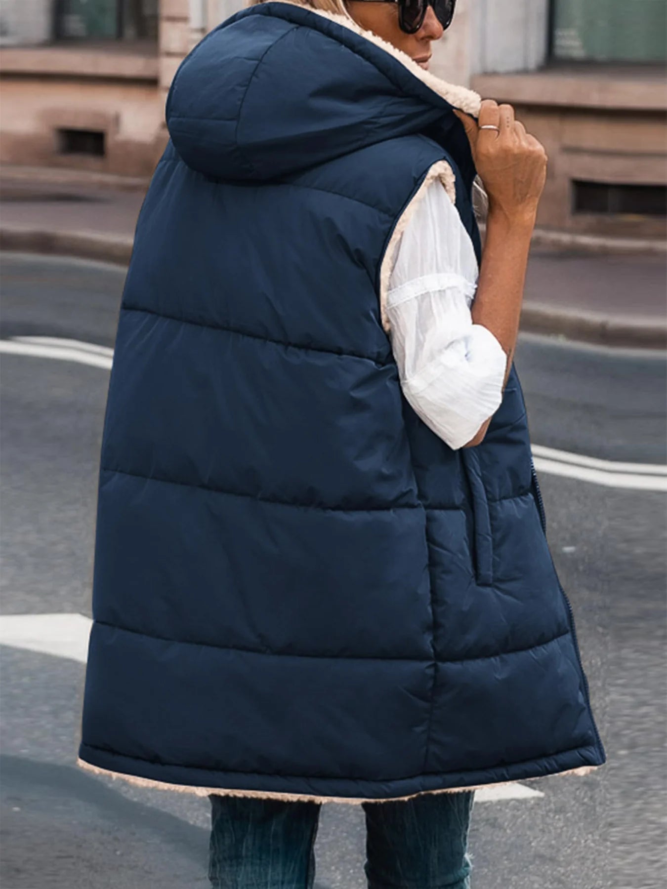 Womens Fall Reversible Vests Sleeveless Fleece Jacket Zip Up Hoodie Pockets Long Warm Winter Coat Outerwear