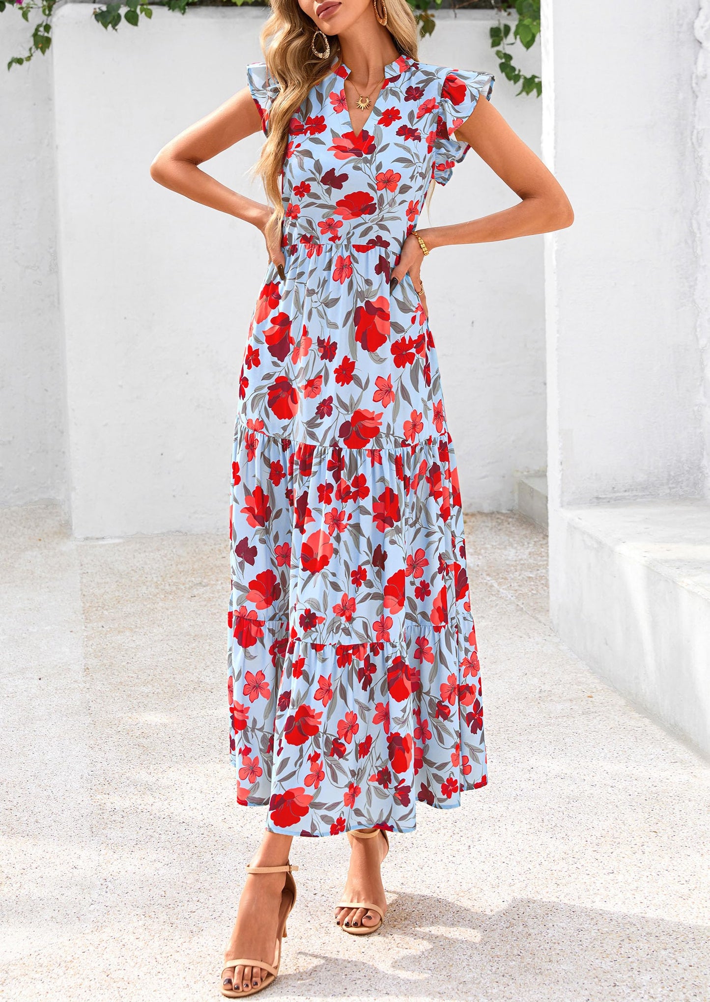 Women's Summer Floral Midi Dress Cap Sleeve V Neck Ruffle Long Flowy Boho Casual Beach Vacation Dresses