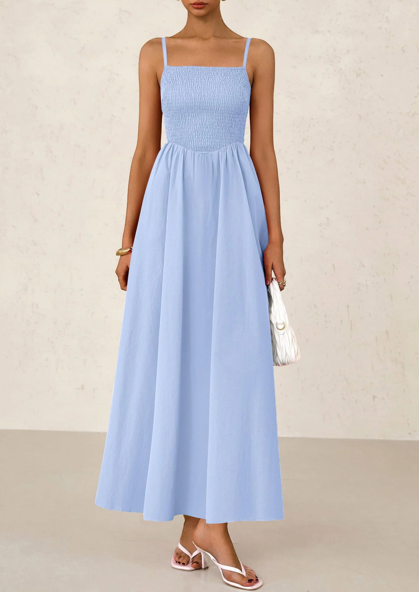 Women's Smocked Maxi Dresses Beach Sundress Casual Spaghetti Strap Swing A Line Long Flowy Dress