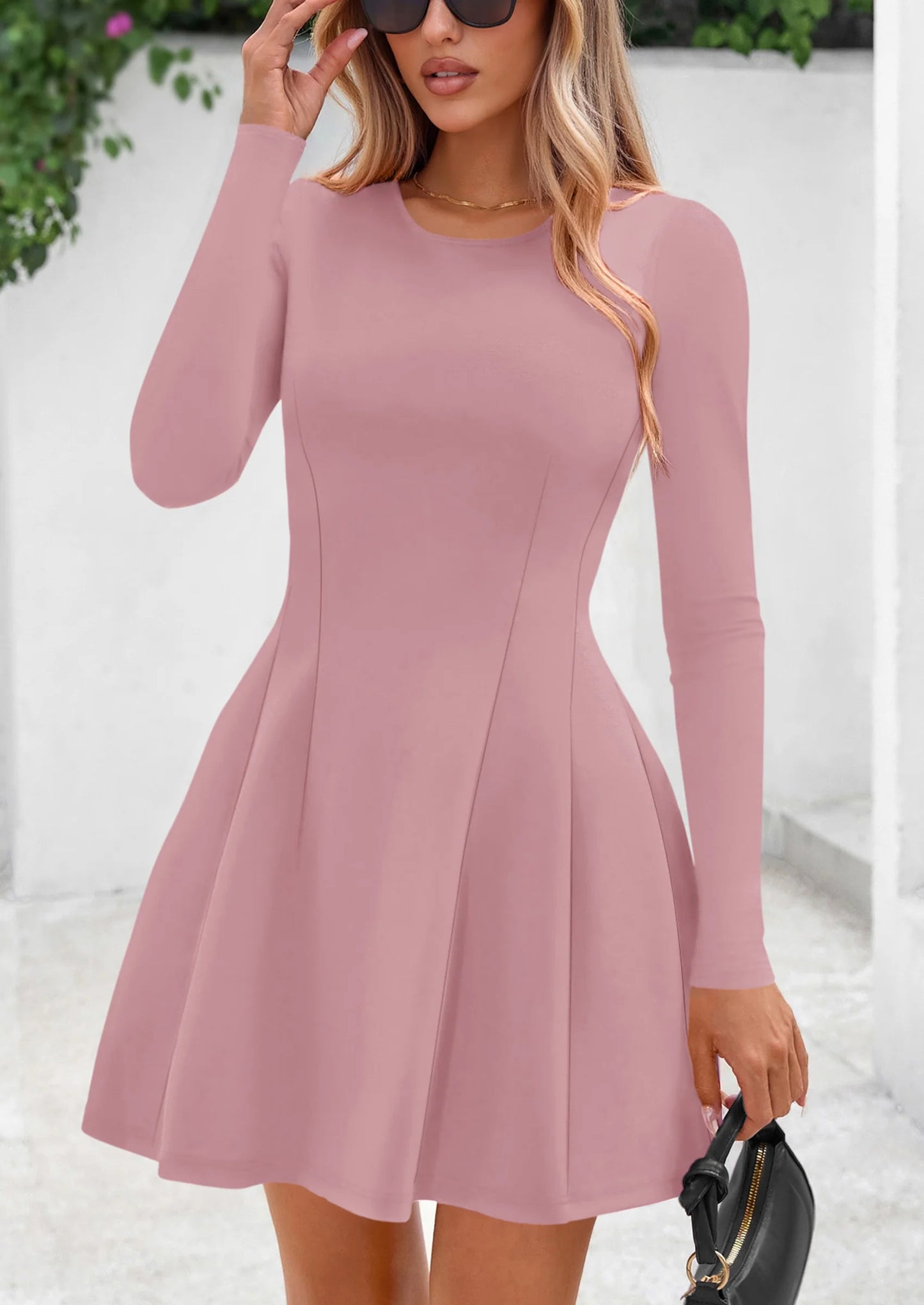 Long Sleeve Mini Dress for Women Fall Crewneck Knit Pleated Babydoll A Line Soft Casual Short Party Dresses
