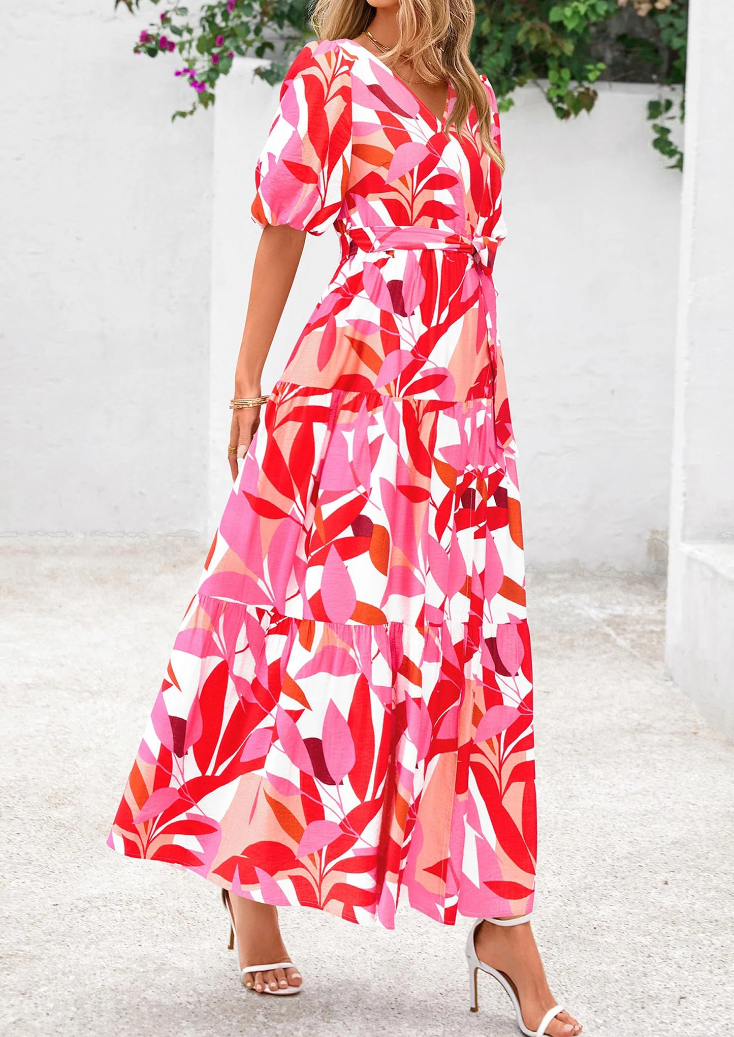Women's Maxi Dress Resort Wear Boho Floral V Neck Puff Short Sleeve Ruffle Flowy Beach Long Dresses