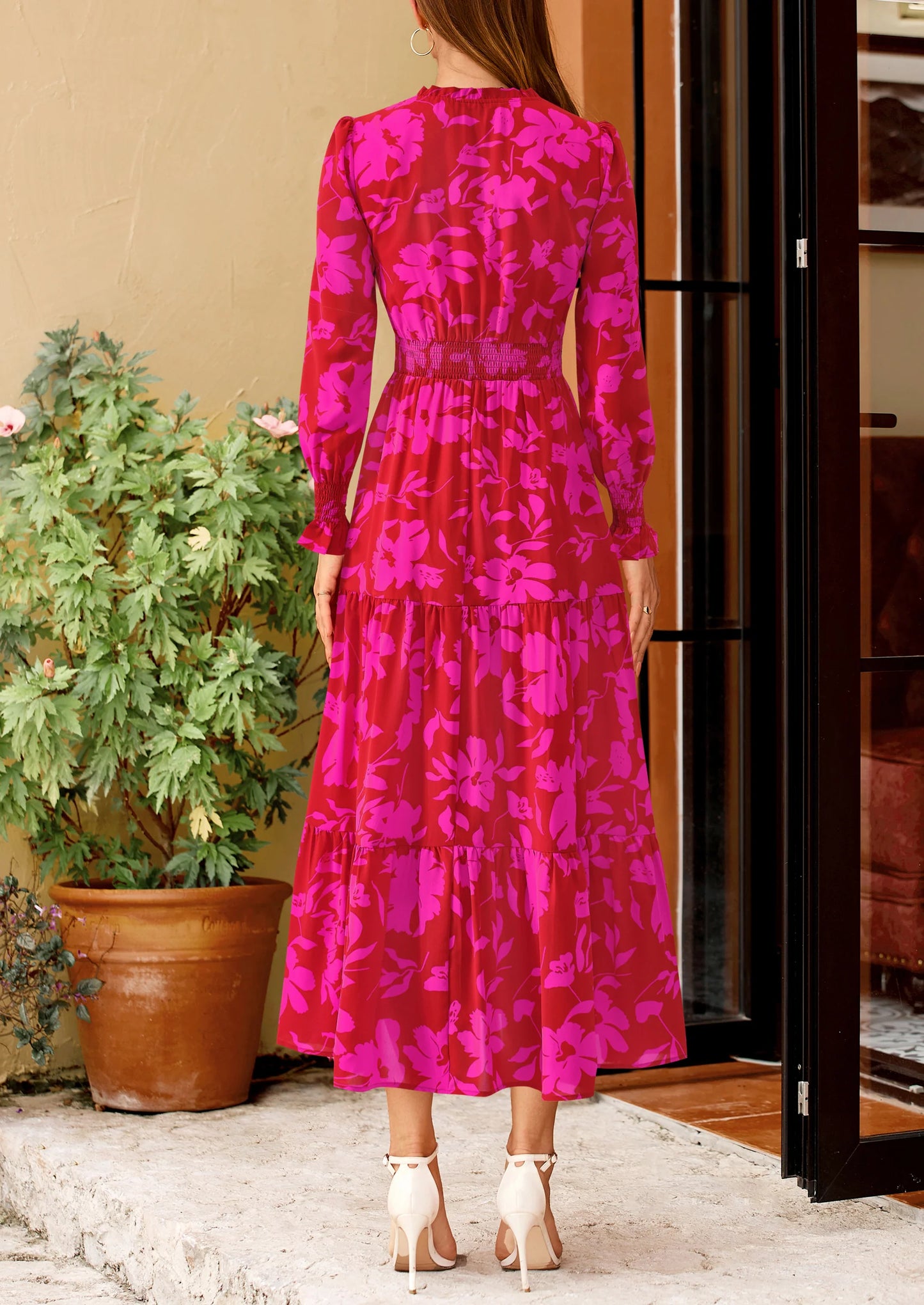 Women's Floral Maxi Dress Spring Long Sleeve V Neck Casual A Line Long Flowy Boho Party Dresses