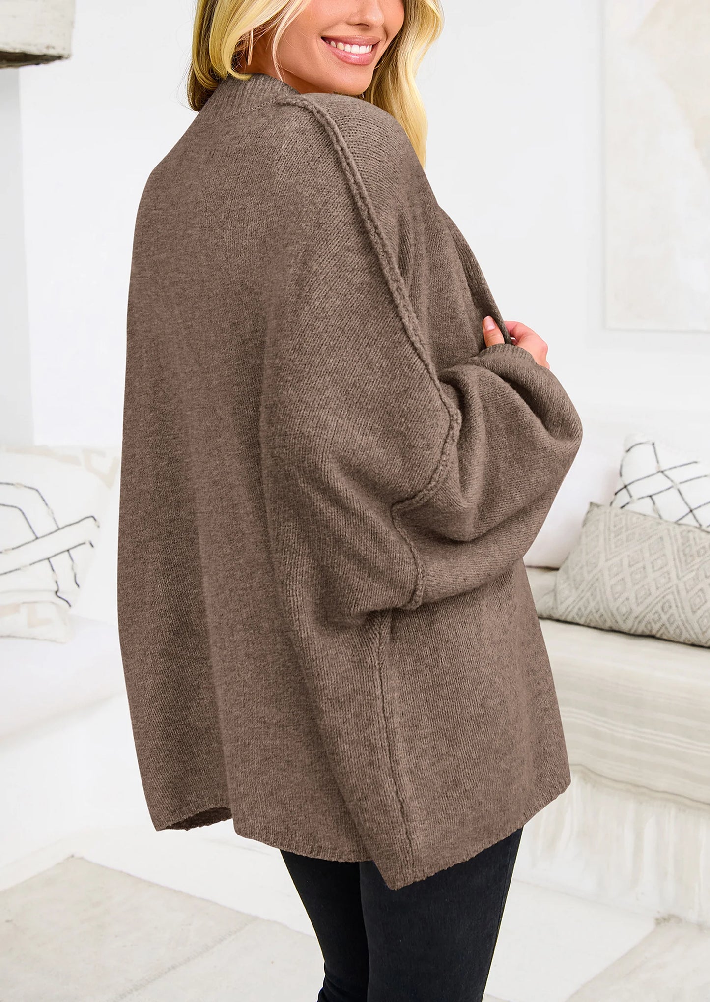 Women's Winter Button Down Cardigan Sweaters Mock Neck Lantern Long Sleeve Chunky Knit Jacket Trendy Outerwear