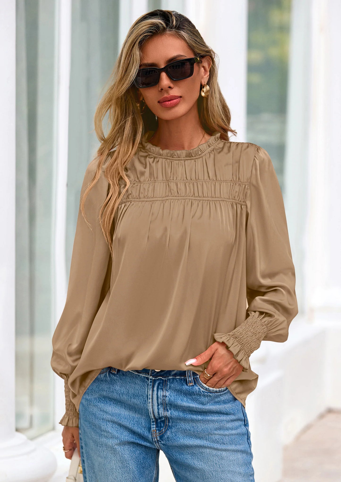 Blouses for Women Dressy Casual Fall Outfits Frill Neck Long Sleeve Shirts Satin Work Business Casual Tops