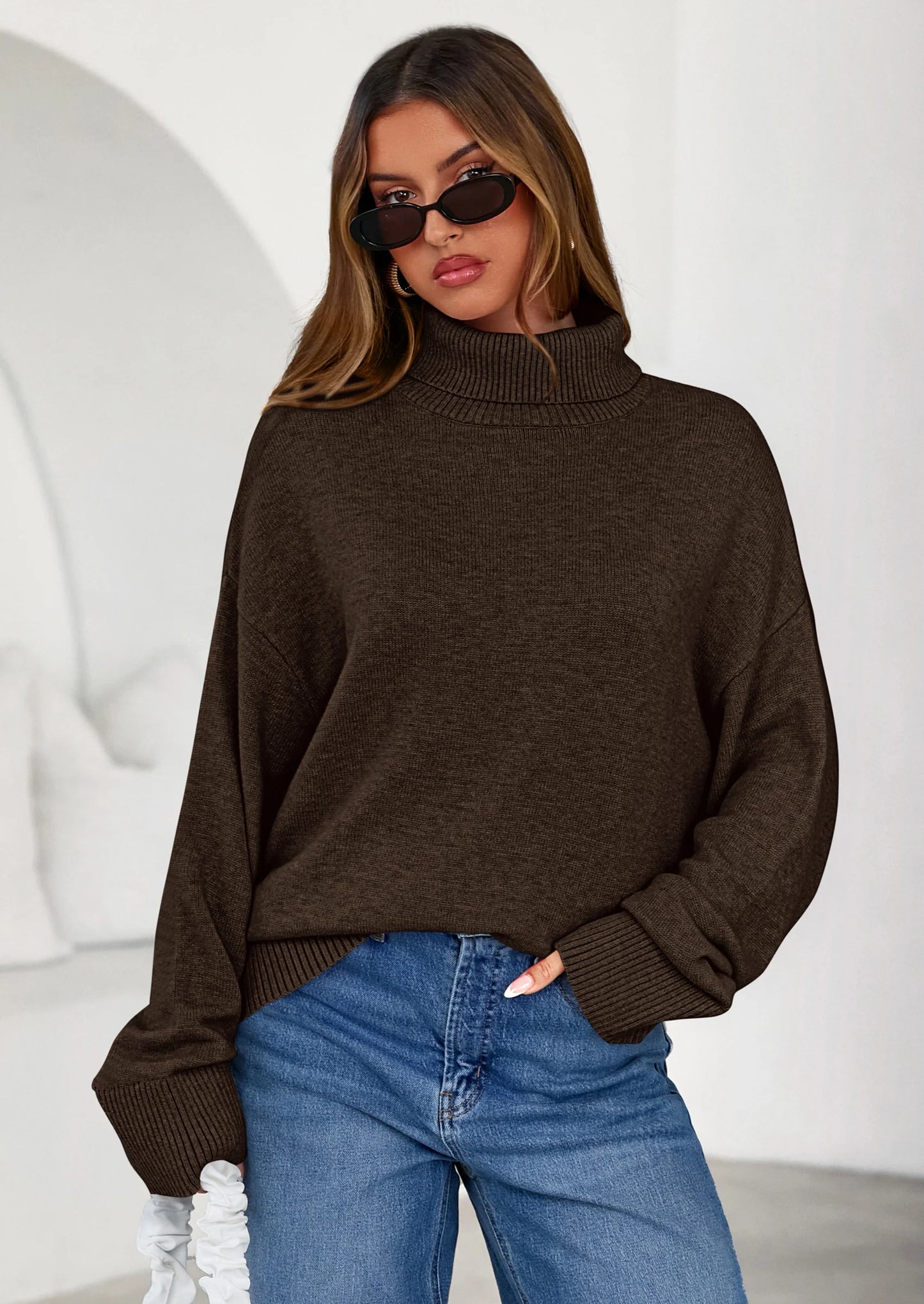 Womens Turtleneck Long Sleeve Sweater Fall Trendy Loose Fit Casual Tops Chunky Knit Pullover Sweaters