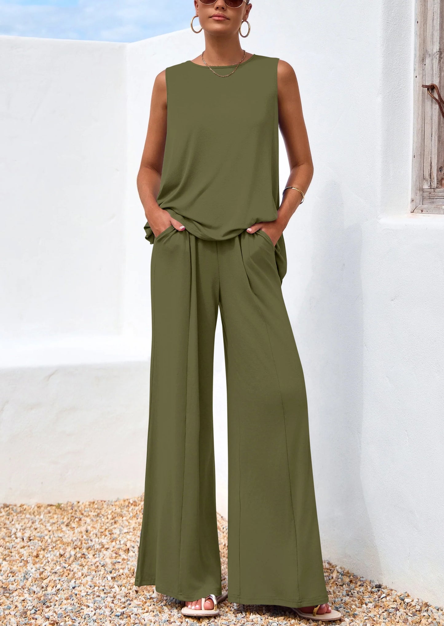 Women's Two Piece Matching Lounge Sets Asymmetrical Split Tank Tops Wide Leg Pants Summer Outfits Tracksuit