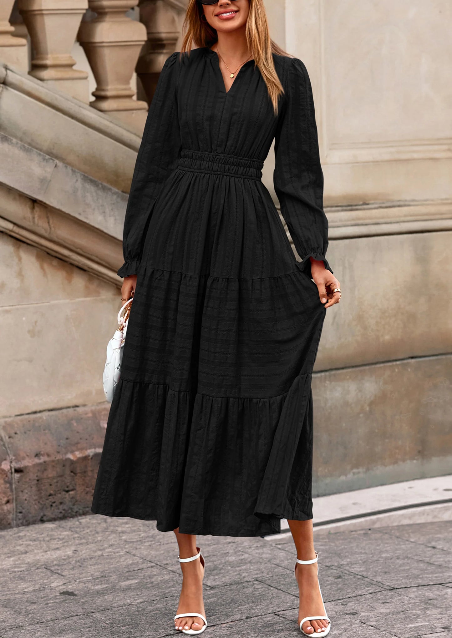 Women's Fall Wedding Guest Dresses Long Sleeve V Neck Flowy Elegant Holiday Party Maxi Dress with Pockets