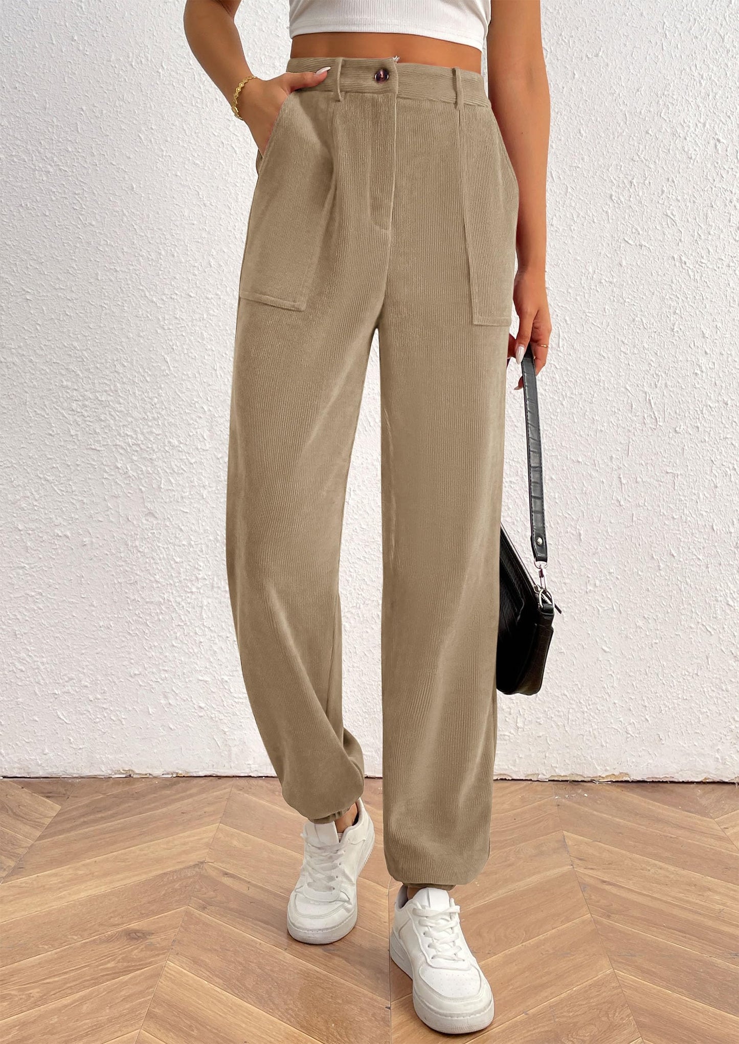 Women's Pants Dressy Casual Fall Elastic High Waisted Work Office Corduroy Trouser Slacks with Pockets