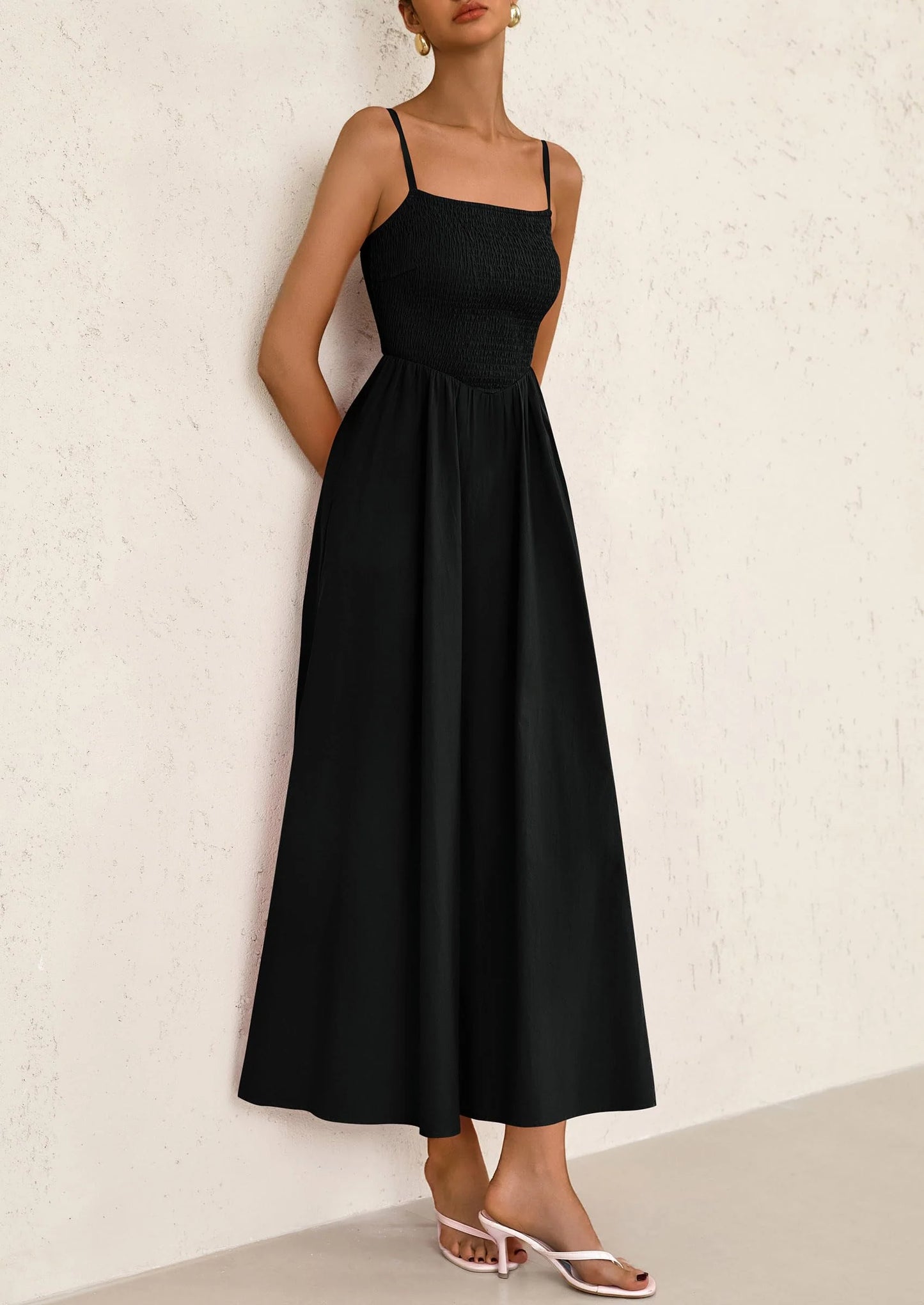 Women's Smocked Maxi Dresses Beach Sundress Casual Spaghetti Strap Swing A Line Long Flowy Dress