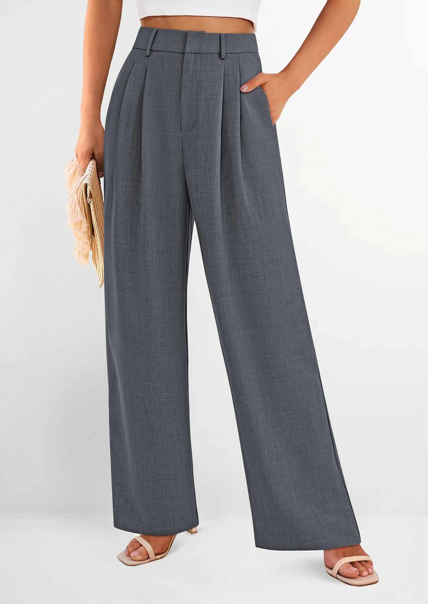 Women's Summer Elastic High Waisted Work Pants Straight Leg Dressy Business Casual Trousers Slacks Pockets
