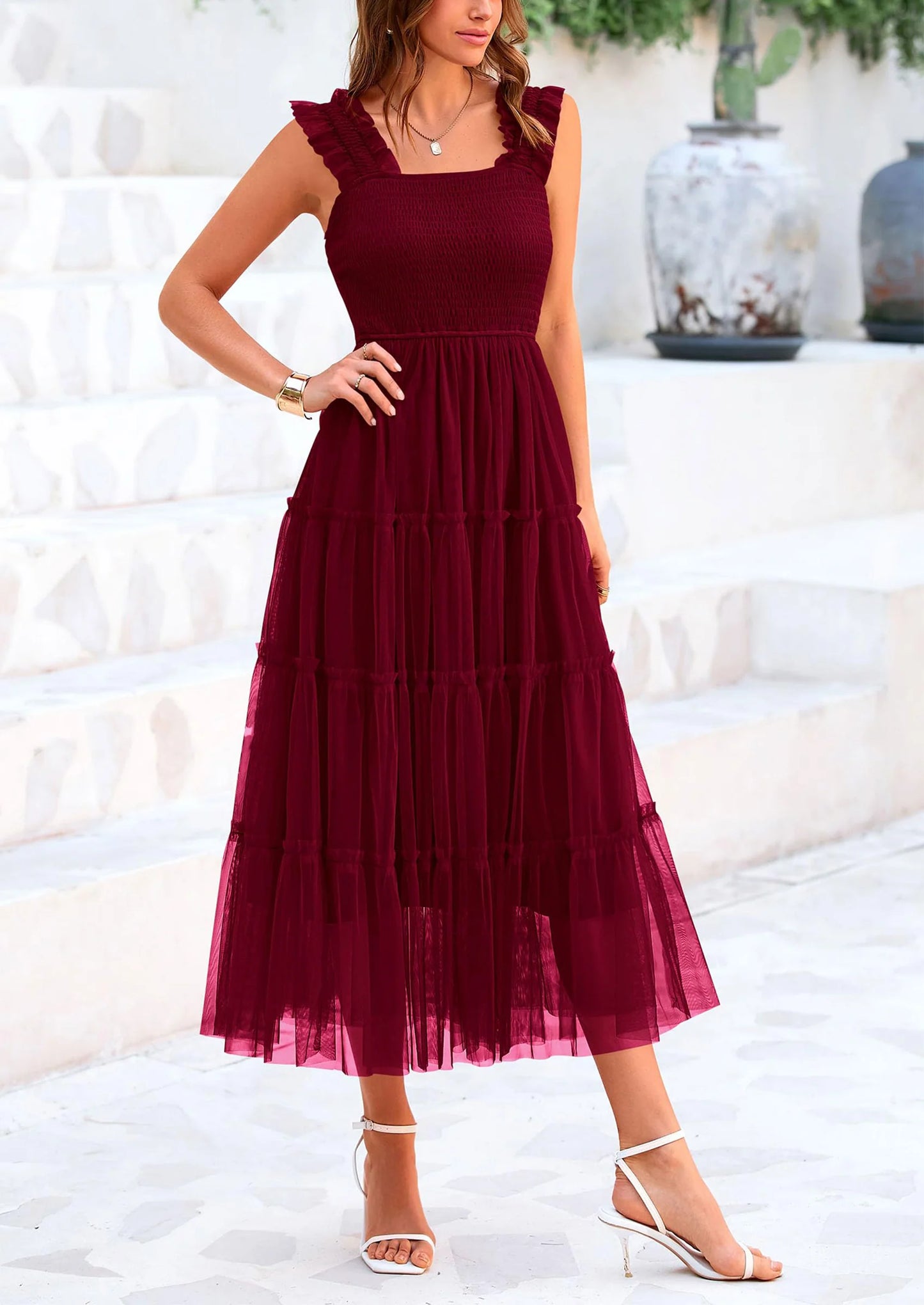 Women's Tulle Midi Dress Sleeveless Smocked Ruffle Mesh Flowy Dresses Party Wedding Guest Sundress