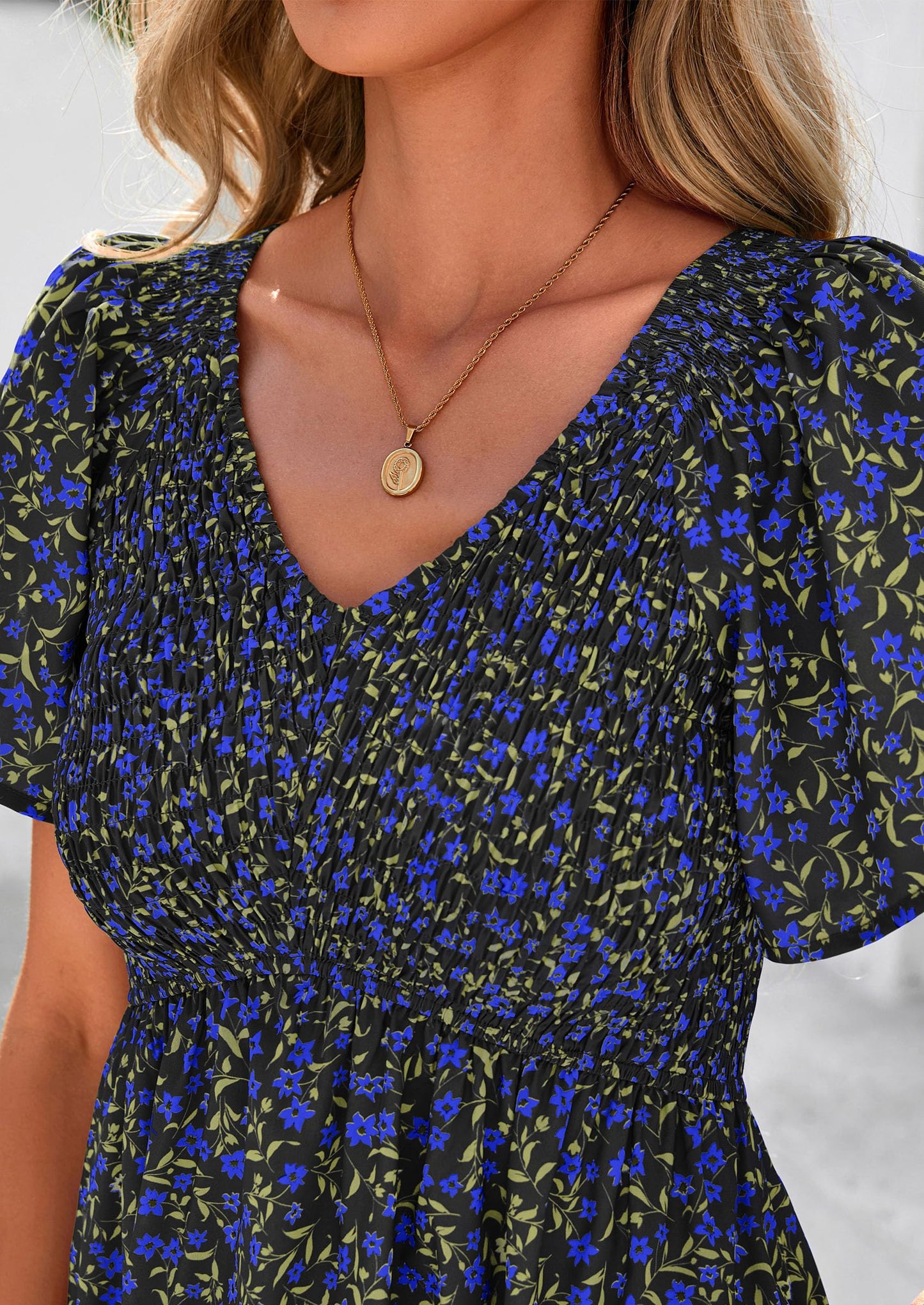 Women Floral Boho Maxi Dresses Short Sleeve V Neck Smocked A Line Long Flowy Beach Vacation Dress