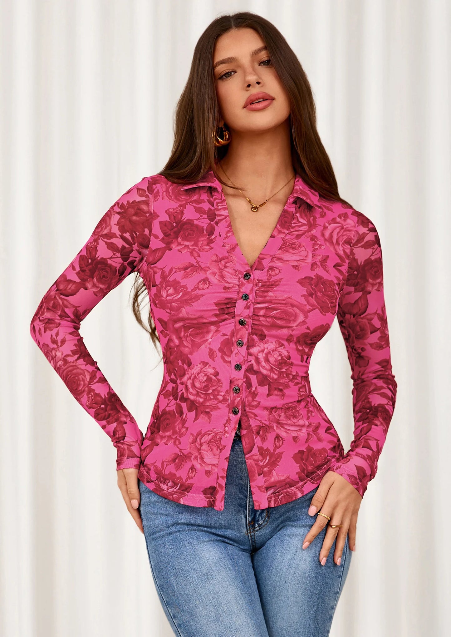Women Button Down Floral Shirts Fall Trendy Long Sleeve V Neck Ruched Fitted Mesh Blouse Tops Date Outfits